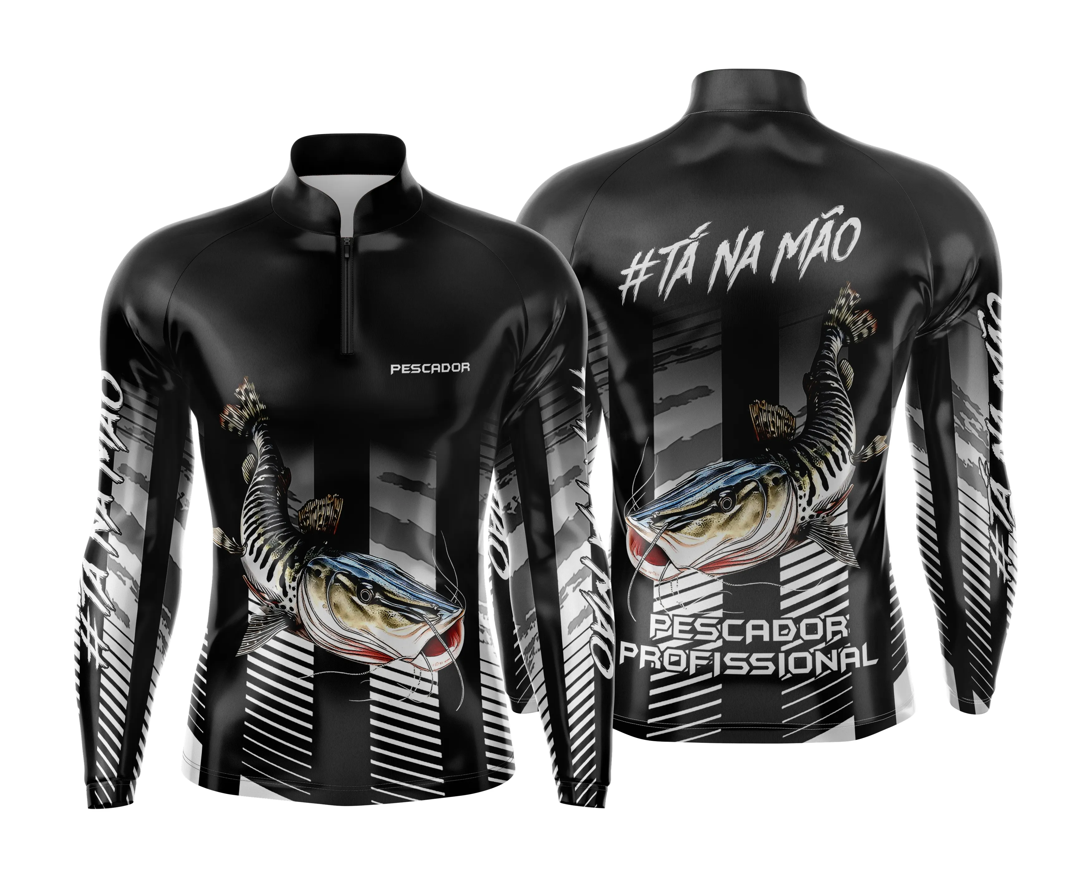 Camiseta unissex preta com logo no peito e estampa grande nas costas, tema de pesca esportiva personalizada, ideal para amantes de aventura ao ar livre.