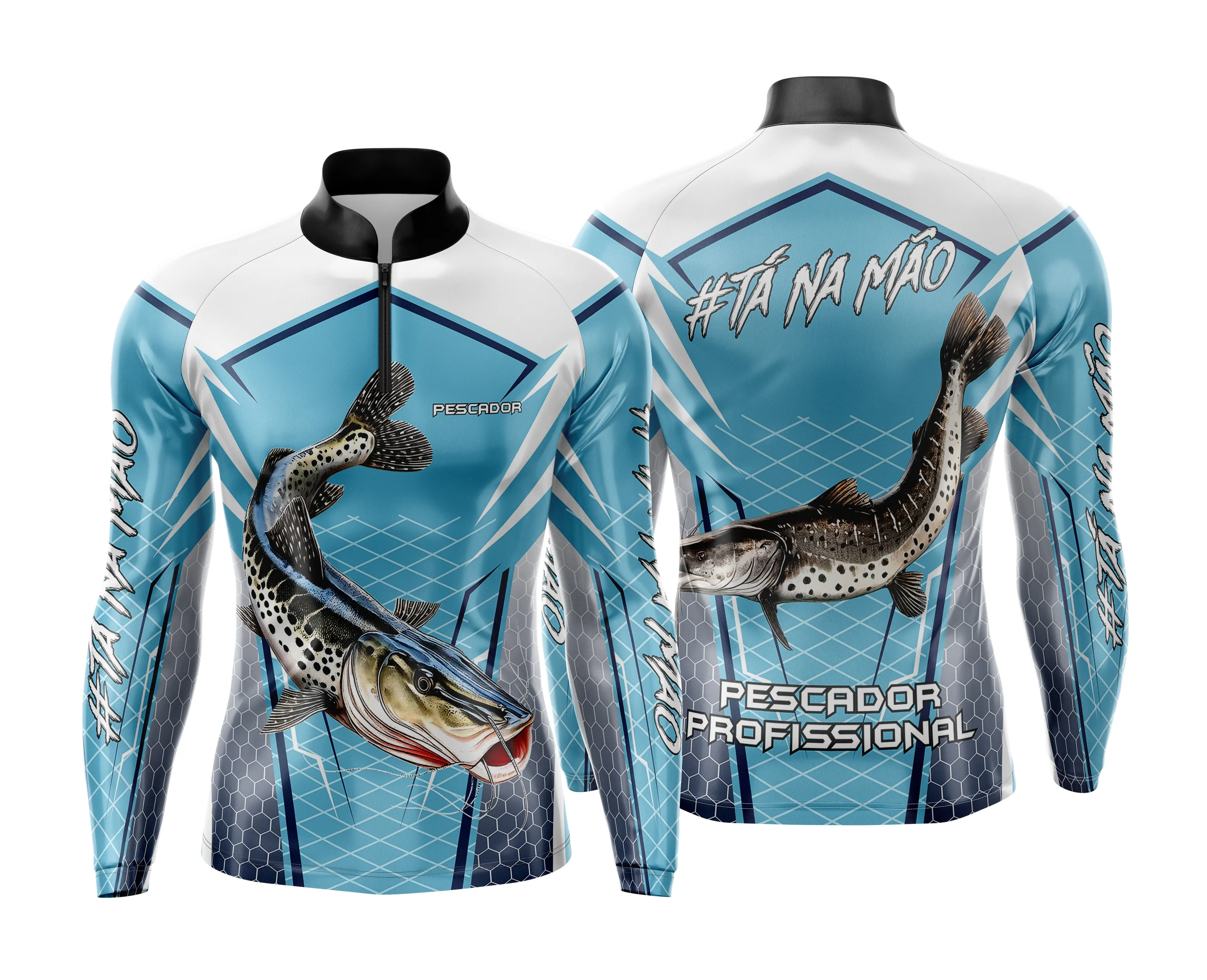 Camiseta unissex preta com logo no peito e estampa grande nas costas, temática de pesca esportiva, ideal para momentos ao ar livre e pescarias, confortável e estilosa.