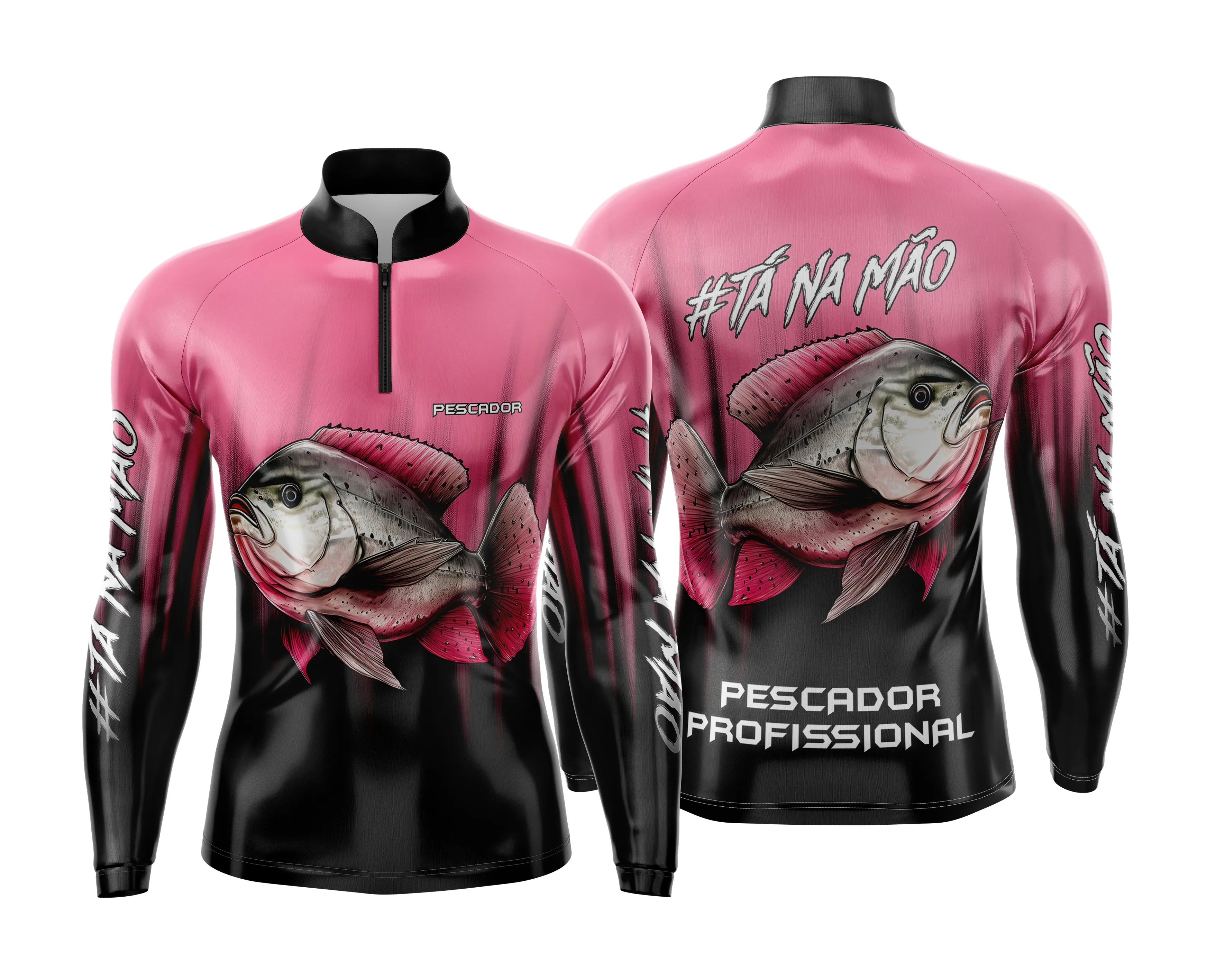 Camiseta unissex preta com logo no peito e estampa grande nas costas de pesca esportiva personalizada, ideal para pescadores que gostam de estilo e conforto no dia a dia.