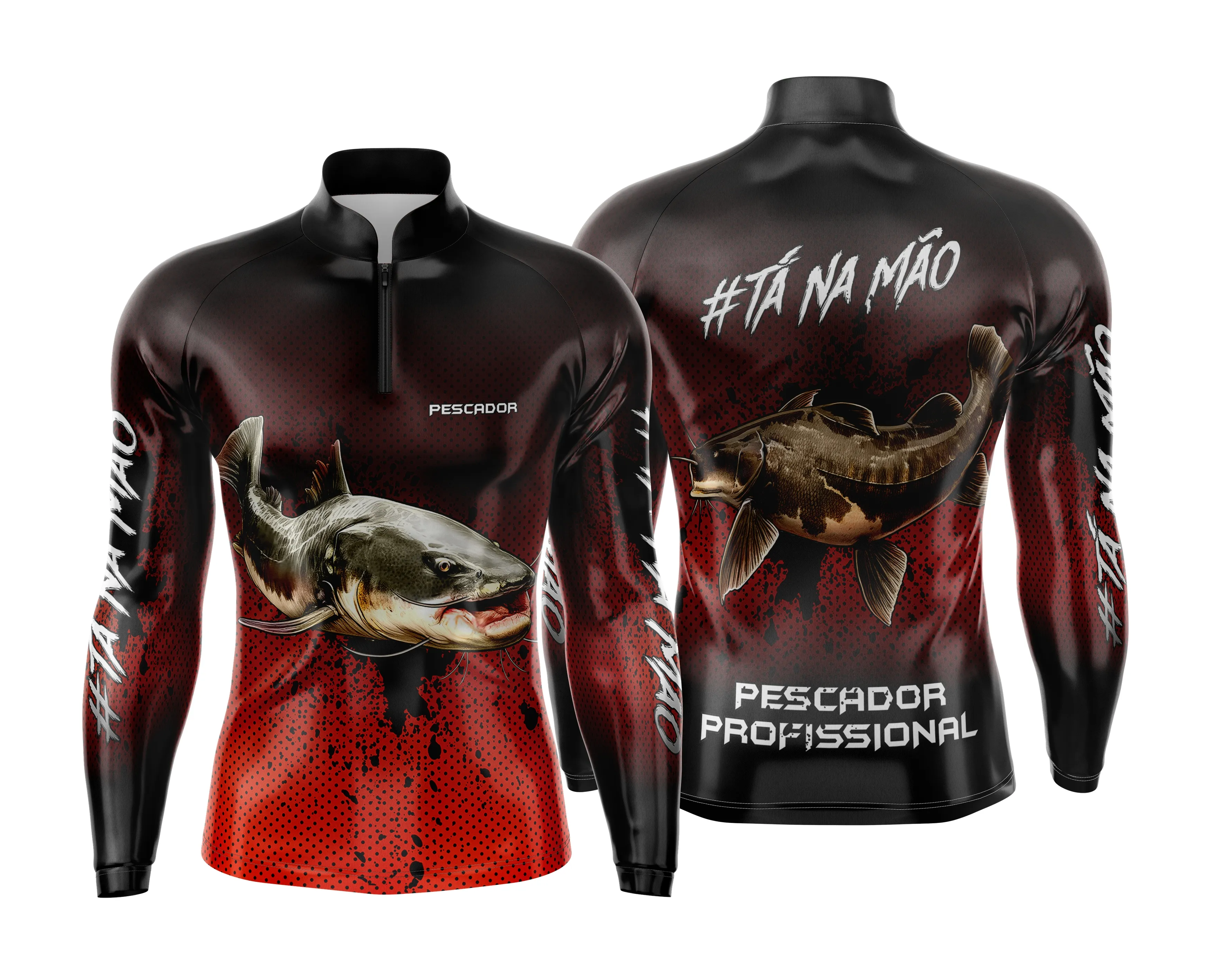 Camiseta unissex preta com logo no peito e estampa grande nas costas sobre o tema de pesca esportiva personalizada mostrando detalhes vibrantes e design moderno