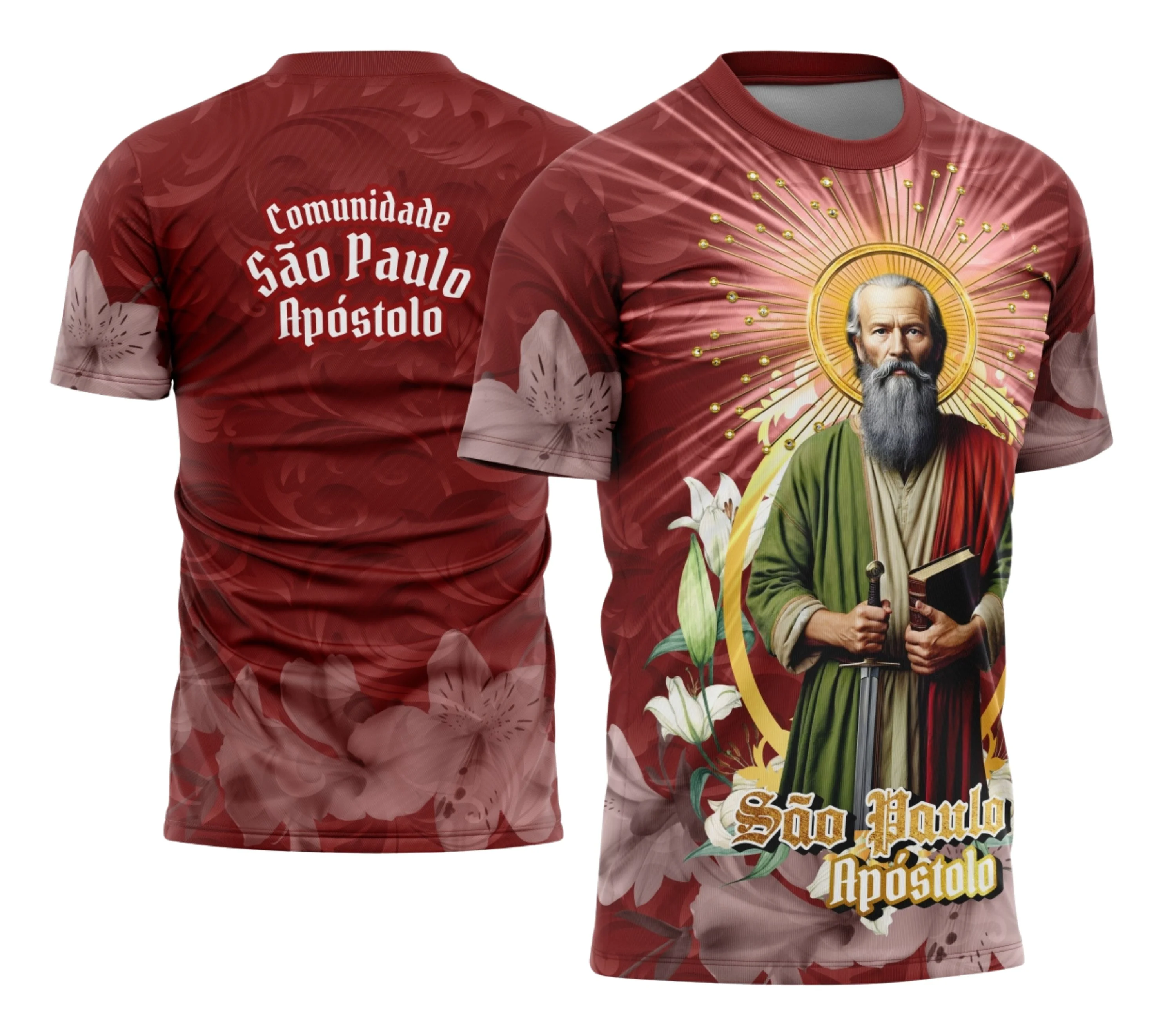 Camisa branca com logo no peito retratando São Paulo Apóstolo e estampa grande nas costas com arte detalhada em estilo religioso.
