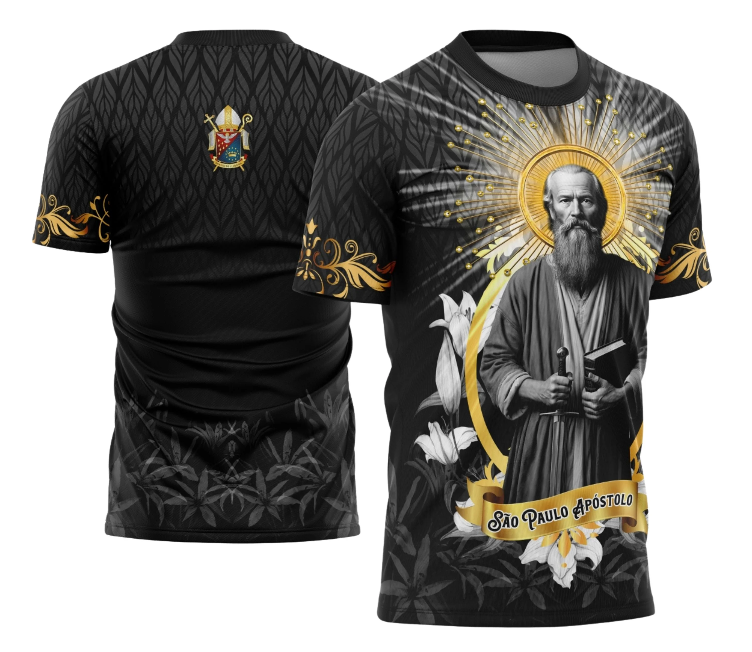 Camisa com logo no peito representando São Paulo Apóstolo e estampa grande nas costas com design detalhado e artístico, perfeita para quem valoriza a fé e a conexão espiritual.