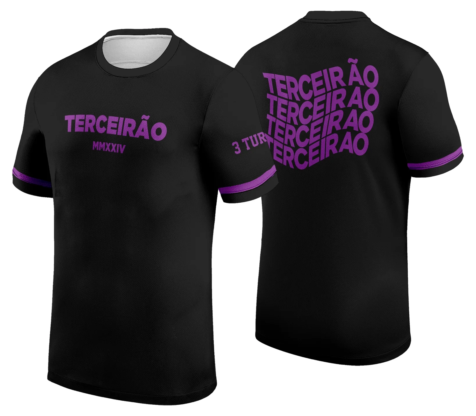 Camiseta preta unissex com logo no peito e estampa grande nas costas, tema Exclusiva para Camisa de Terceirão, estilo jovem para ocasiões especiais da turma finalista.