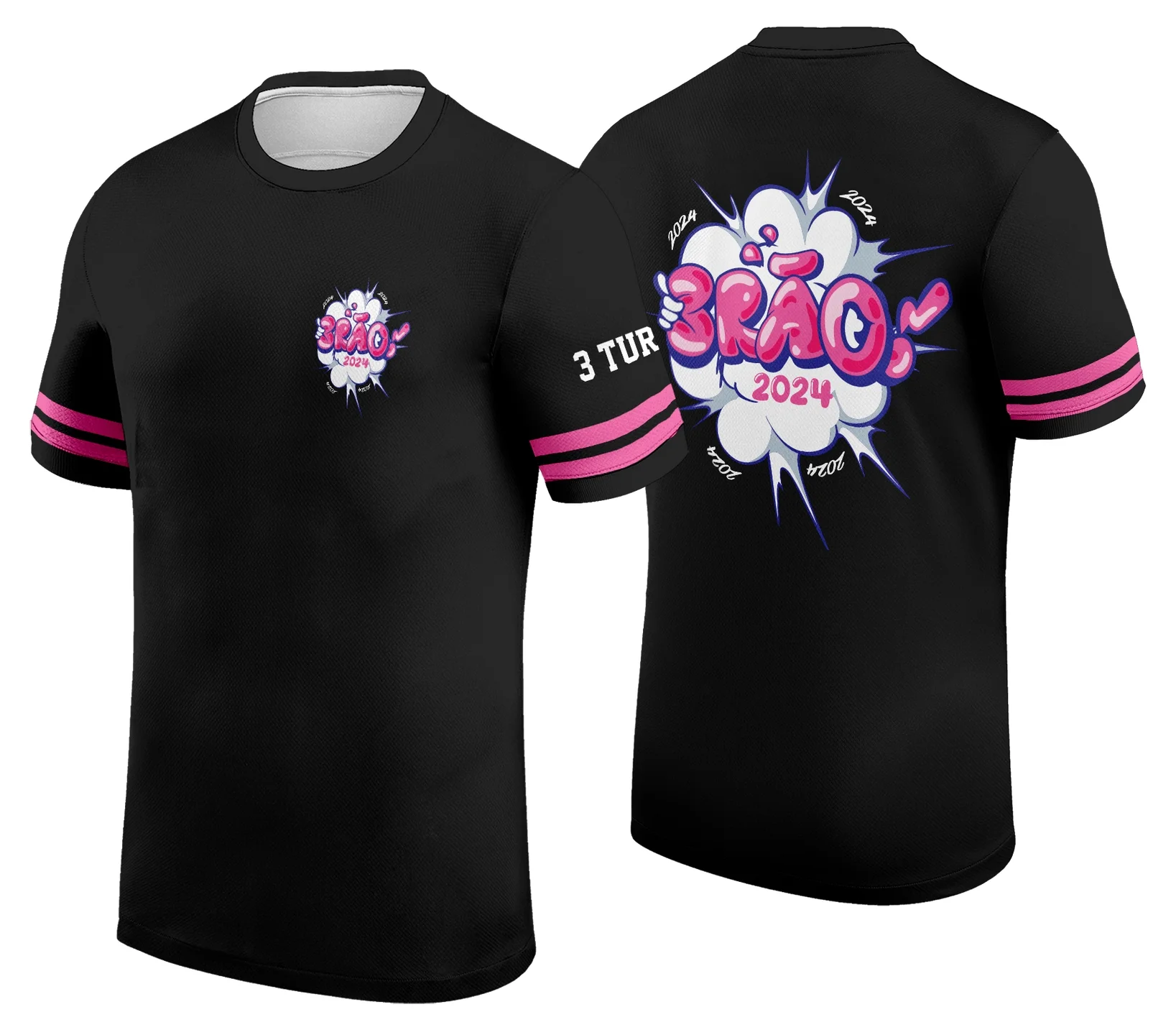 Camiseta unissex branca com logo no peito e estampa grande nas costas baseada em design exclusivo para camisa de turma, ideal para eventos e confraternizações.
