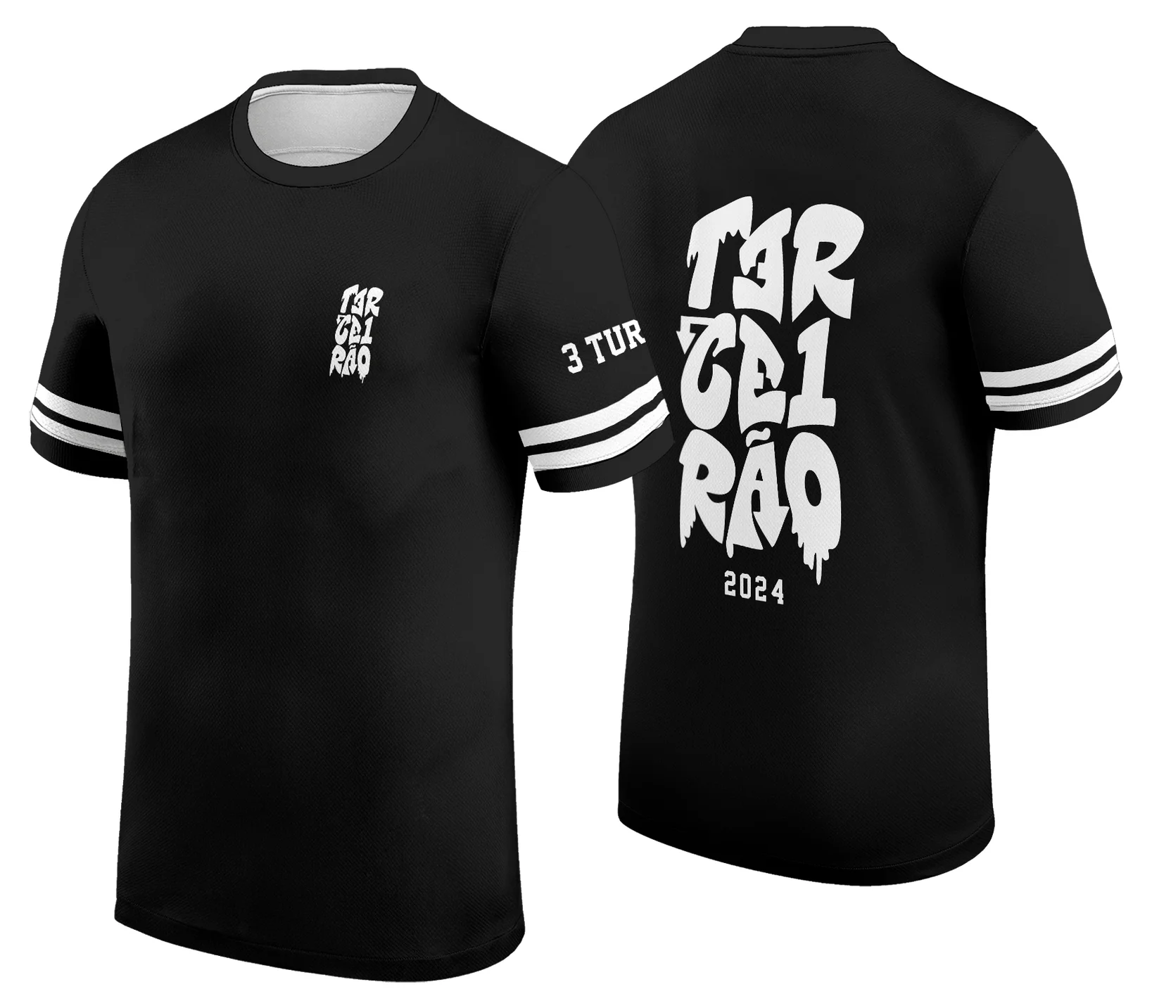 Camiseta unissex preta com logo no peito e estampa grande nas costas, temática exclusiva para camisa de turma, ideal para eventos e confraternizações.