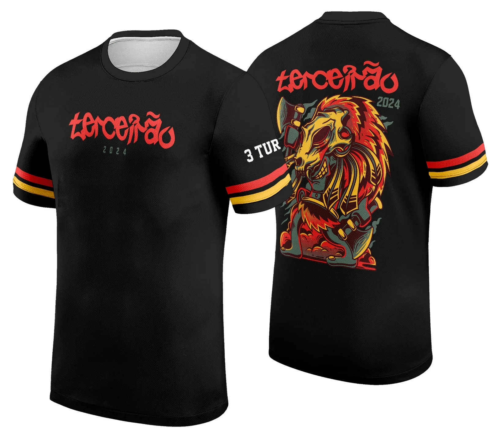 Camiseta unissex preta com logo no peito e estampa grande nas costas com tema exclusivo para camisa de terceirão, ideal para comemorações e memórias escolares.