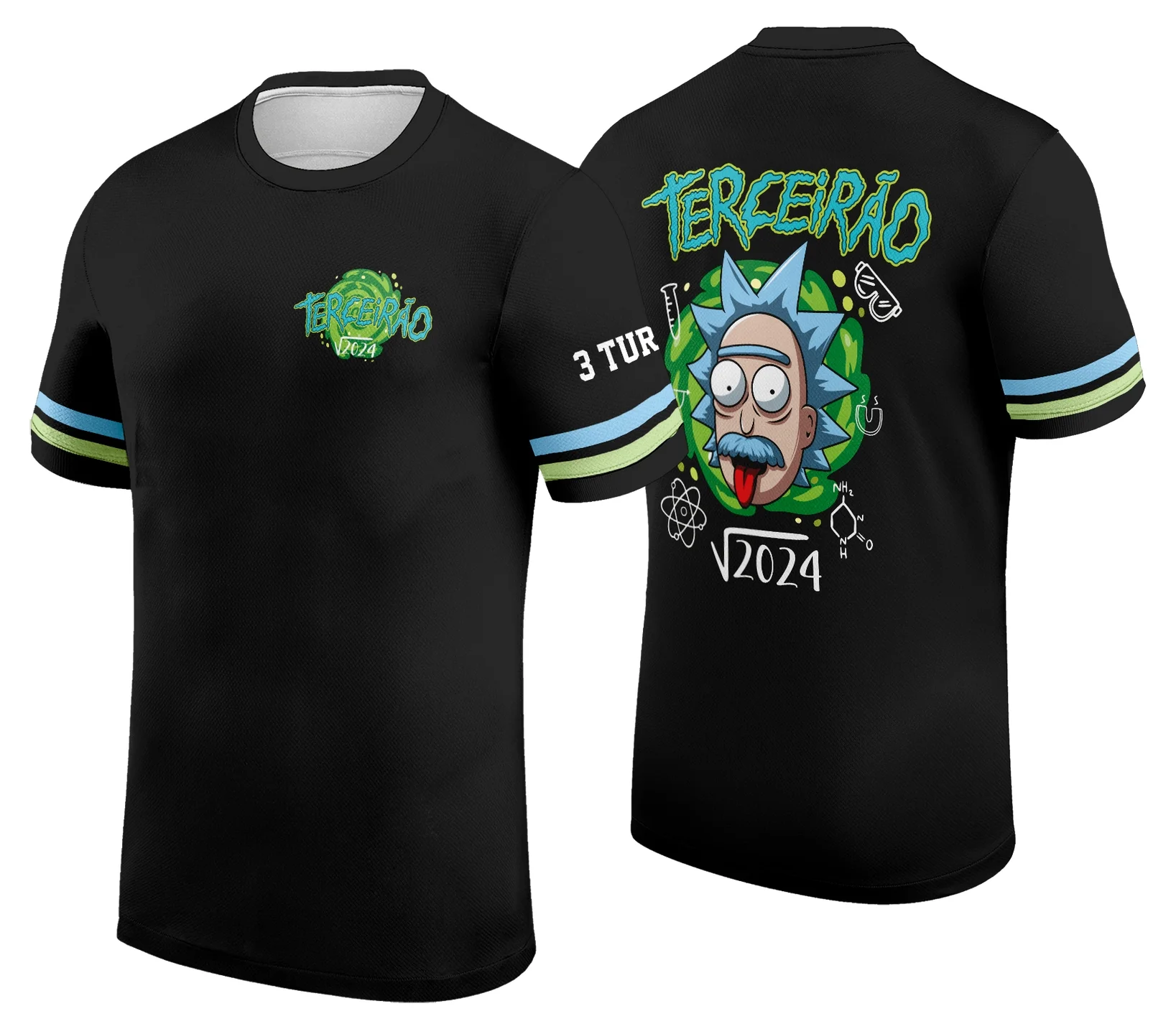Foto da camisa com logo no peito e estampa grande nas costas, destacando design moderno e tema científico vibrante em cores vivas, ideal para turma do terceirão com estilo único e personalizado.