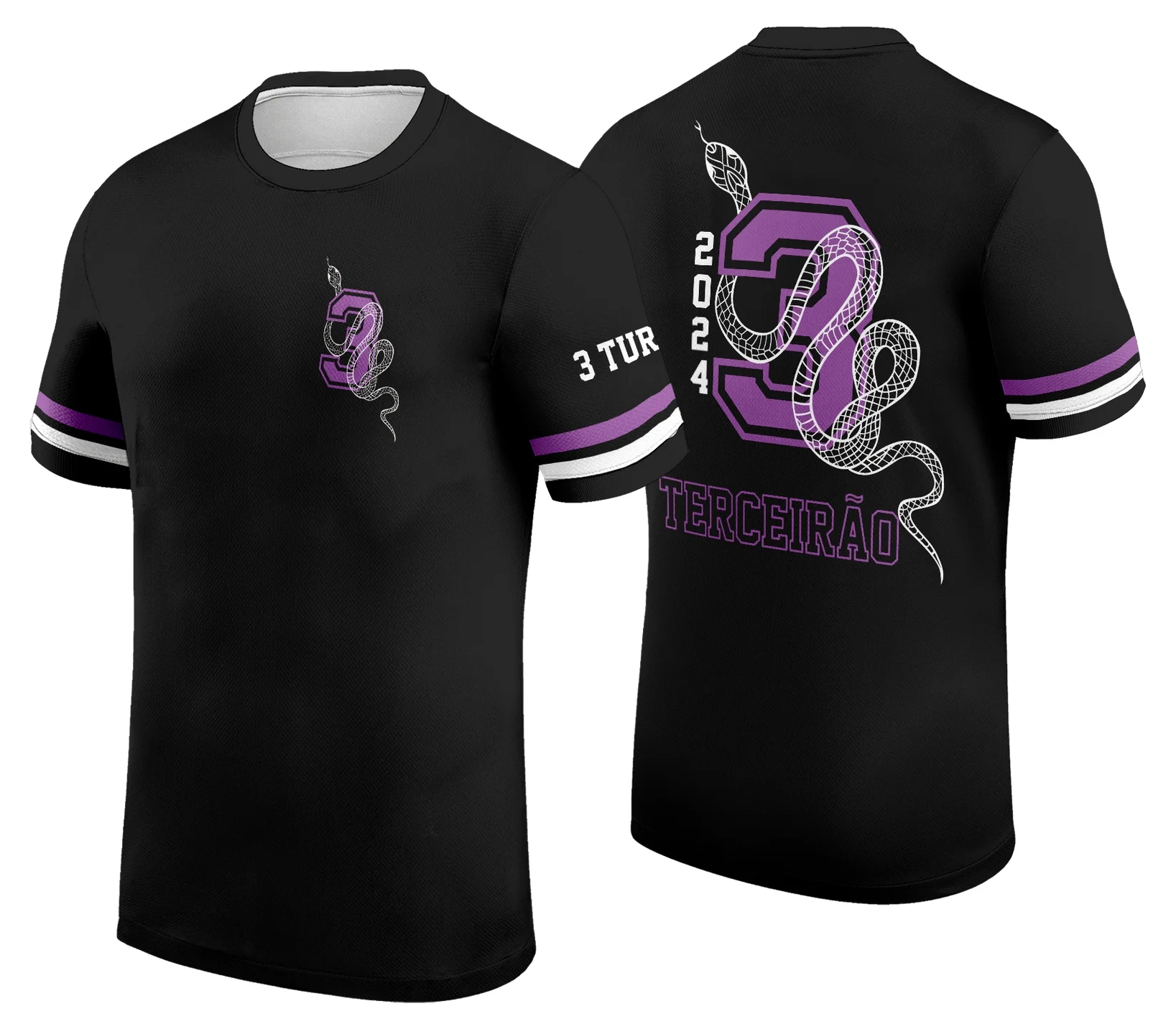Camiseta unissex preta com logo no peito e estampa grande nas costas mostrando a Cobra do Terceirão, estilo marcante para usar no colégio ou eventos.
