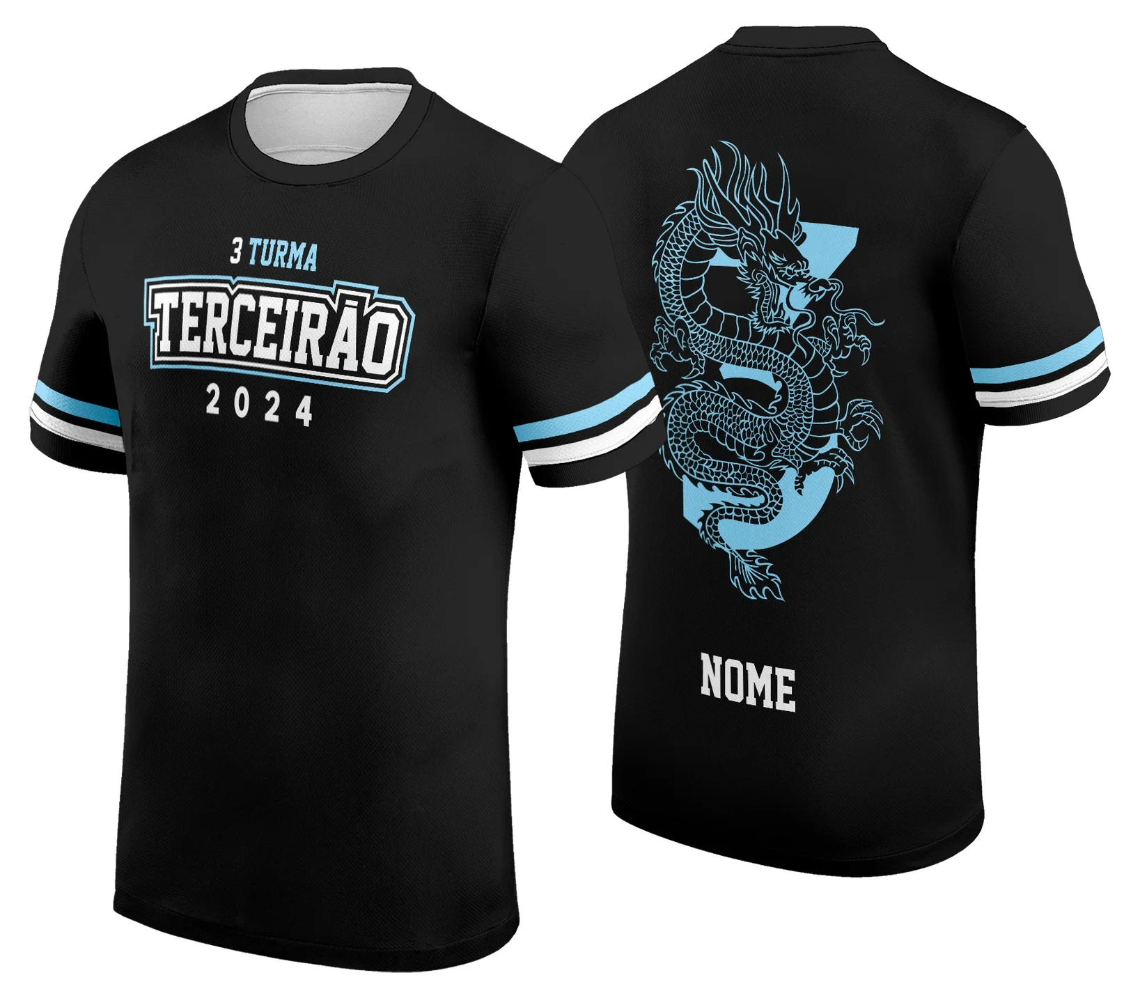 Imagem mostra uma camisa com logo no peito e estampa grande nas costas, destaque para o símbolo do dragão em cores vibrantes, ideal para estudantes do terceirão com design moderno e marcante.