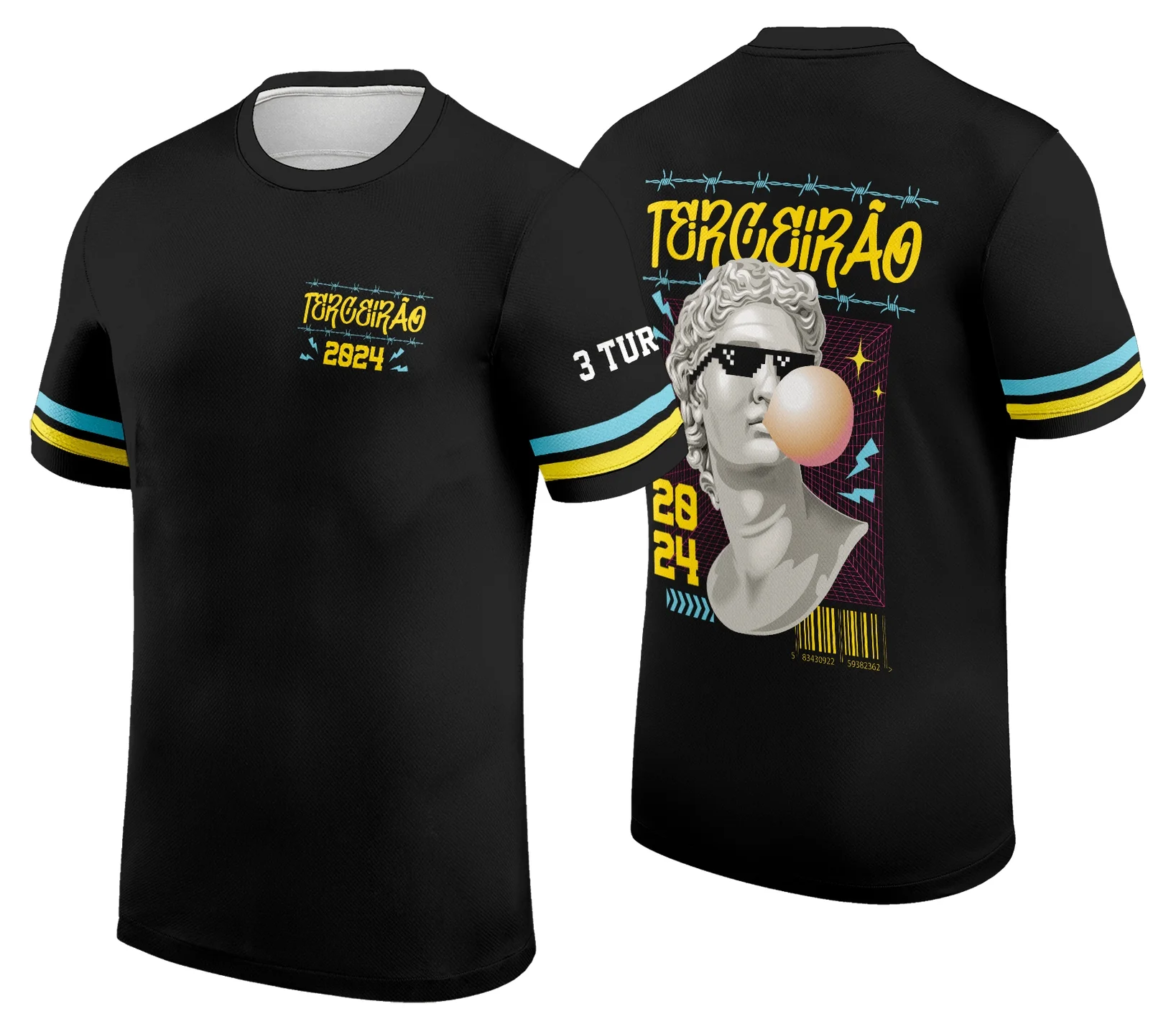 Camisa exclusiva com logo no peito e estampa grande nas costas apresentando design estilizado da estátua para representar a turma do terceirão com identidade marcante e visual moderno.