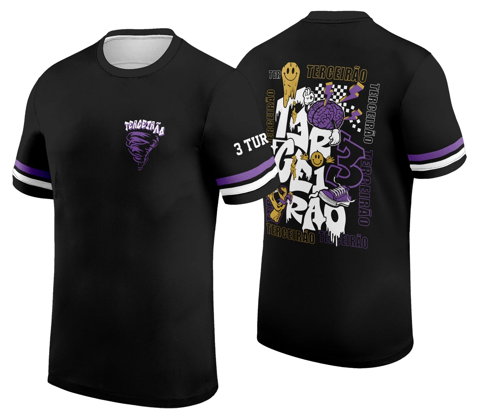 Camisa final com logo estiloso no peito e estampa grande nas costas, combinando cores vibrantes e design moderno que destaca a identidade da turma.