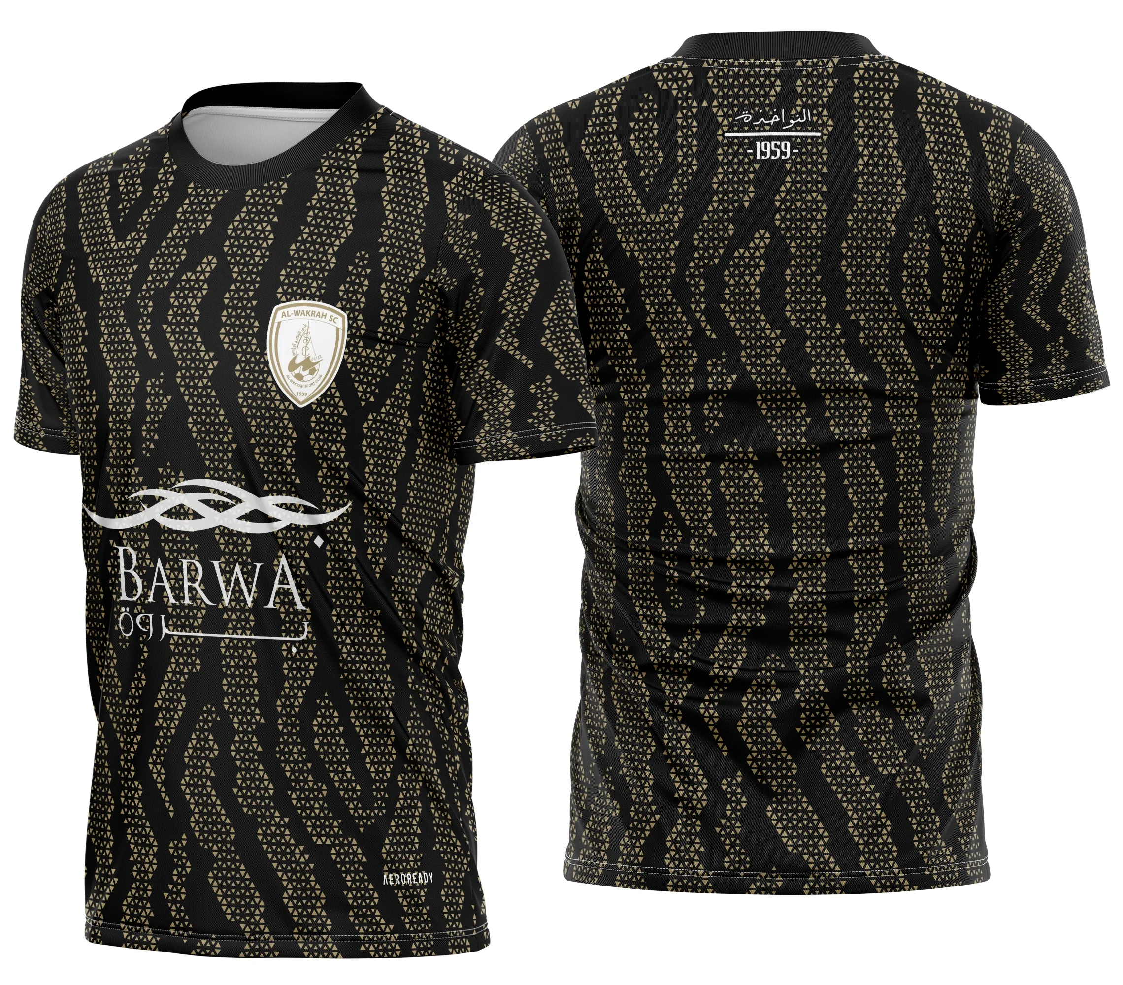 Camiseta preta unissex com logo no peito e estampa grande nas costas do time Al-Wakrah SC 2026, design moderno e esportivo ideal para torcedores apaixonados.