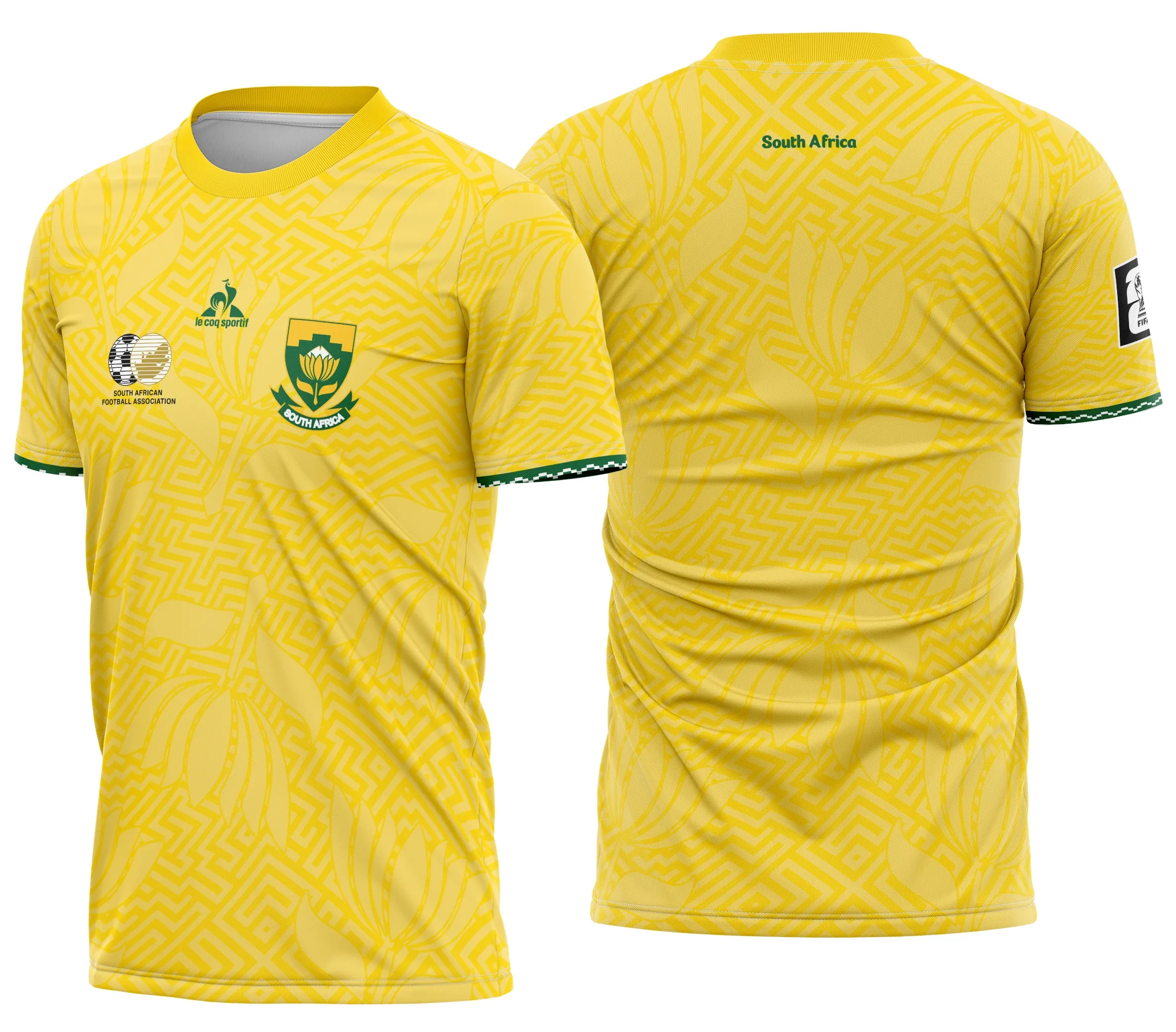 Camiseta unissex preta com logo no peito e estampa grande nas costas mostrando design conceitual do time da África do Sul 2026, perfeita para fãs do esporte e colecionadores.