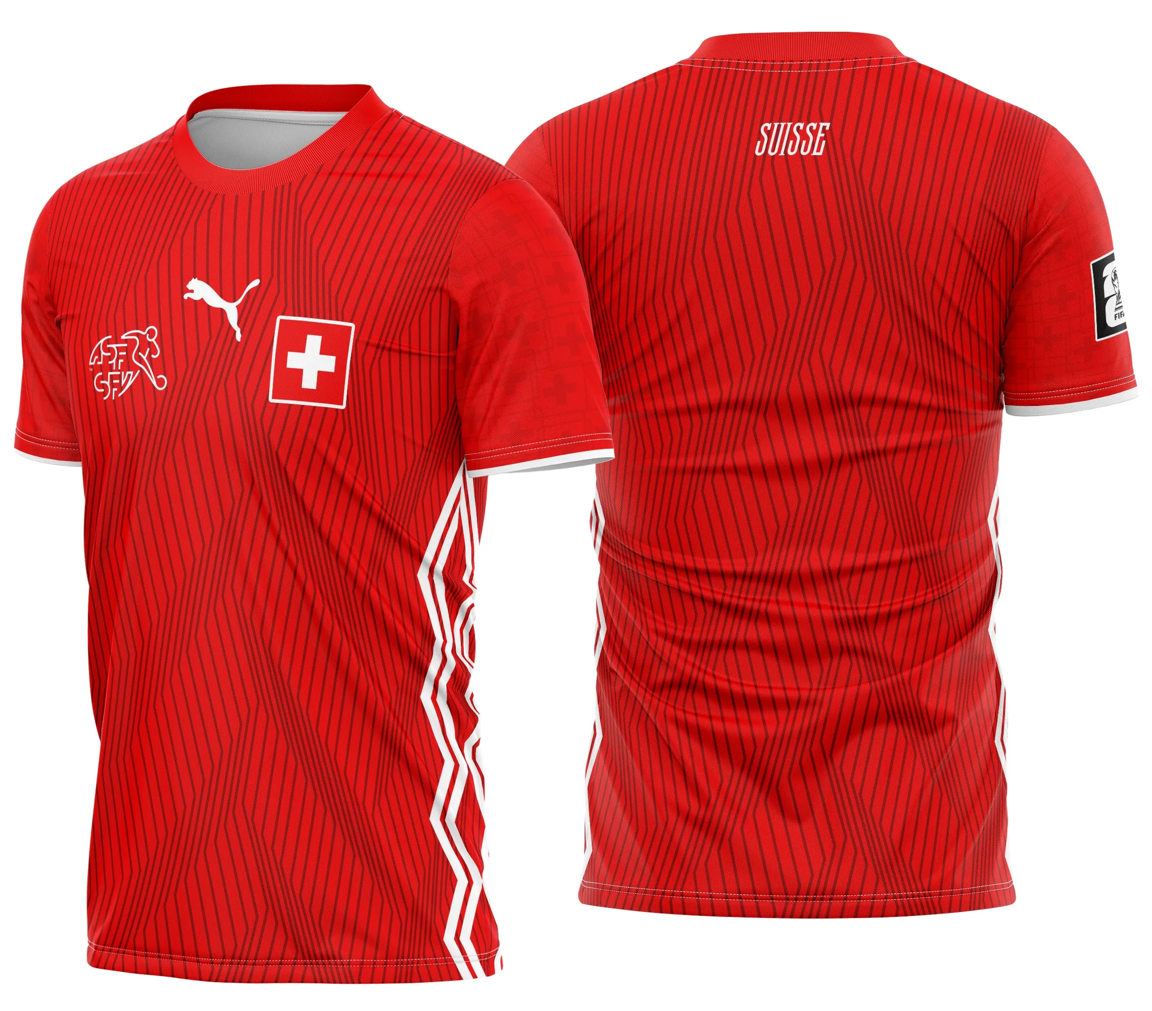 Camiseta unissex preta com logo no peito e estampa grande nas costas do time Suiza Concept 2026, combinando estilo e paixão pelo futebol em um look moderno e esportivo.
