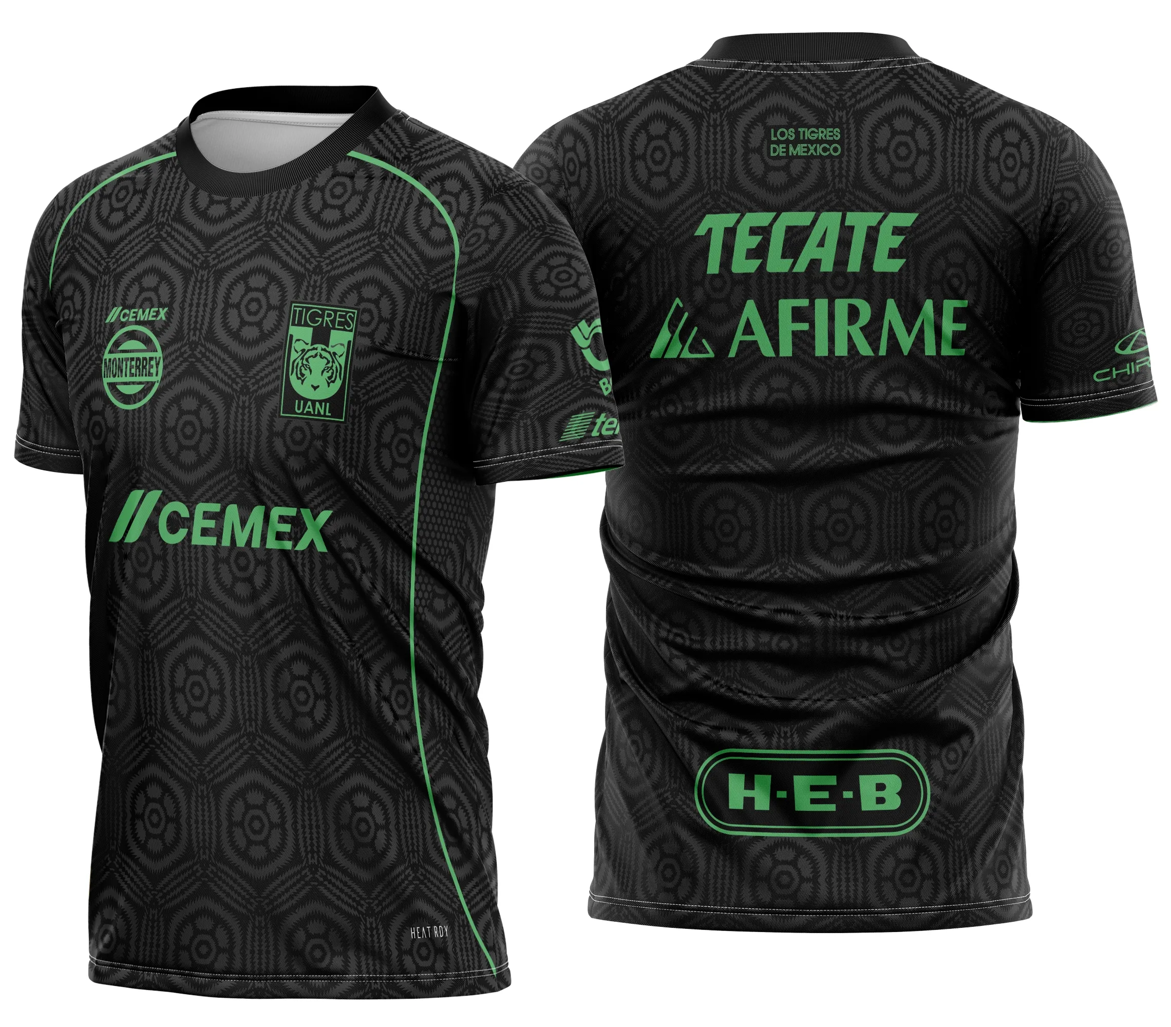 Camiseta unissex preta com logo no peito e estampa grande nas costas do Time Tigres UANL 2026, perfeita para fãs do time exibirem seu orgulho com estilo moderno e confortável.