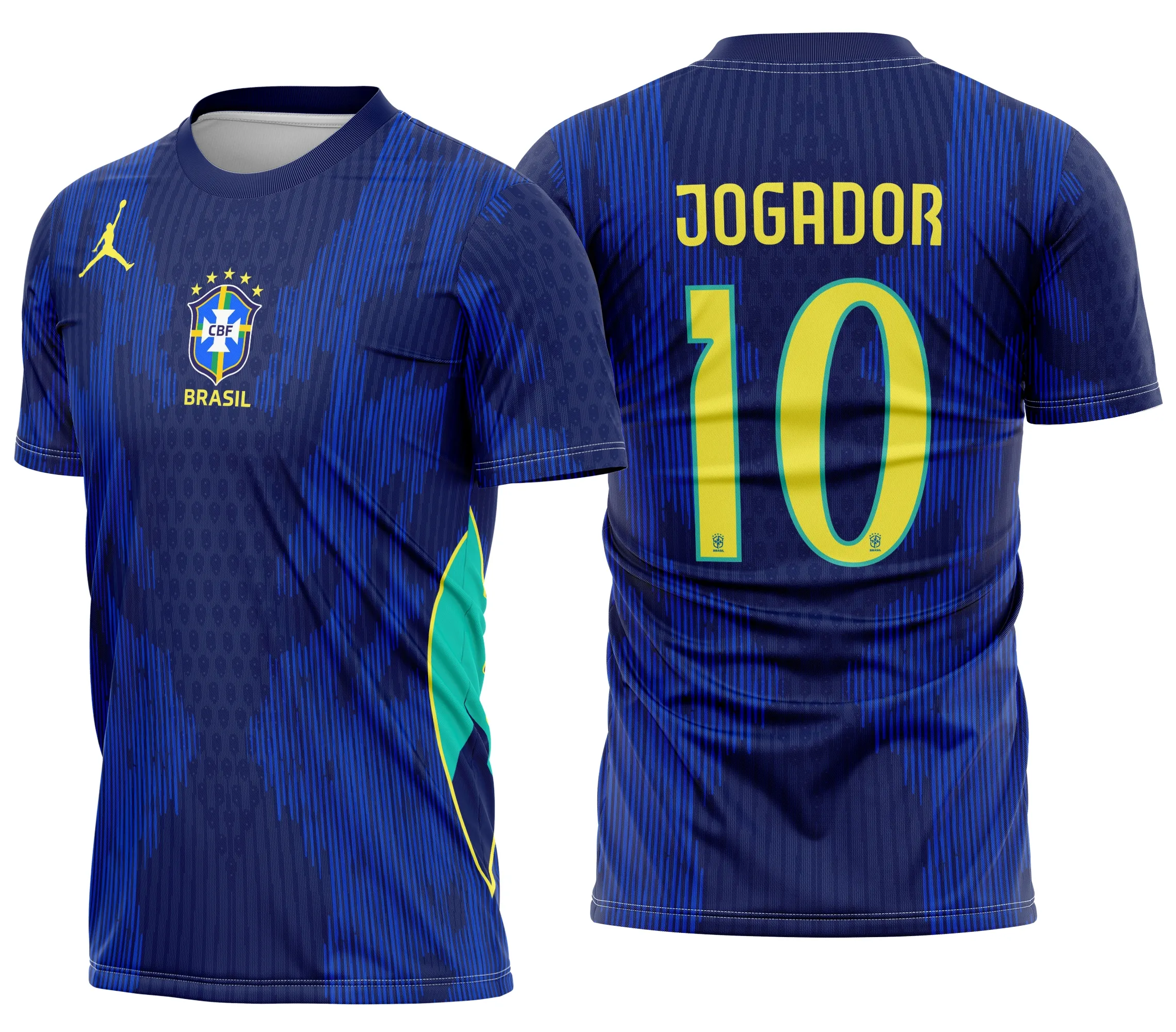 Camiseta unissex com cor base branca, logo no peito e estampa grande nas costas inspiradas na Camisa do Brasil 2026 Conceito, ideal para fãs de futebol e torcedores da seleção.
