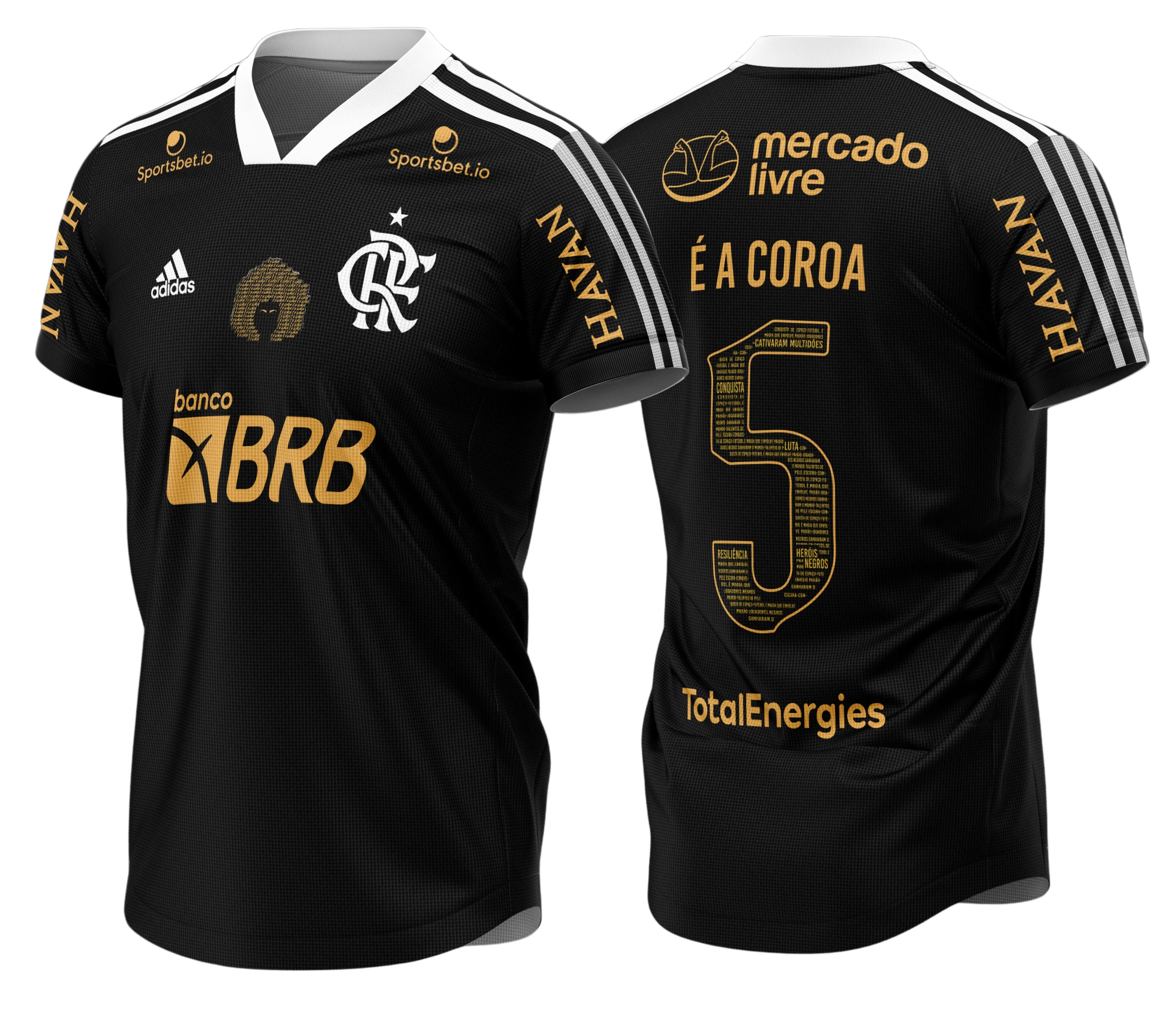 Camiseta preta unissex com logo do Flamengo no peito e estampa grande nas costas destacando Excelência Negra, perfeita para fãs apaixonados pela nova coleção 2021 2022.