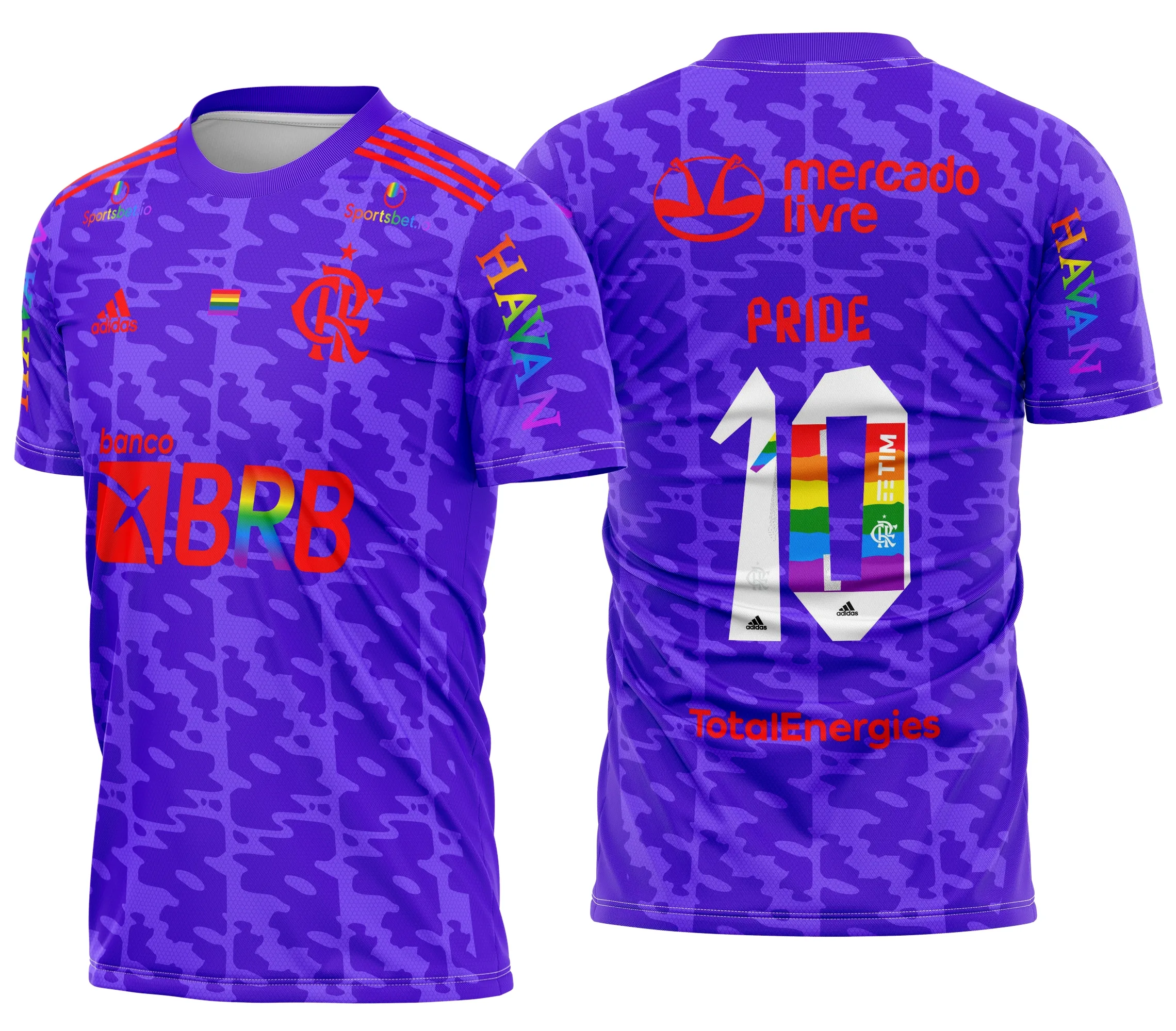 Foto de camiseta unissex preta com logo no peito e estampa grande nas costas inspirada na Camisa Flamengo 2021 2022 Pride, destacando o design vibrante e moderno.