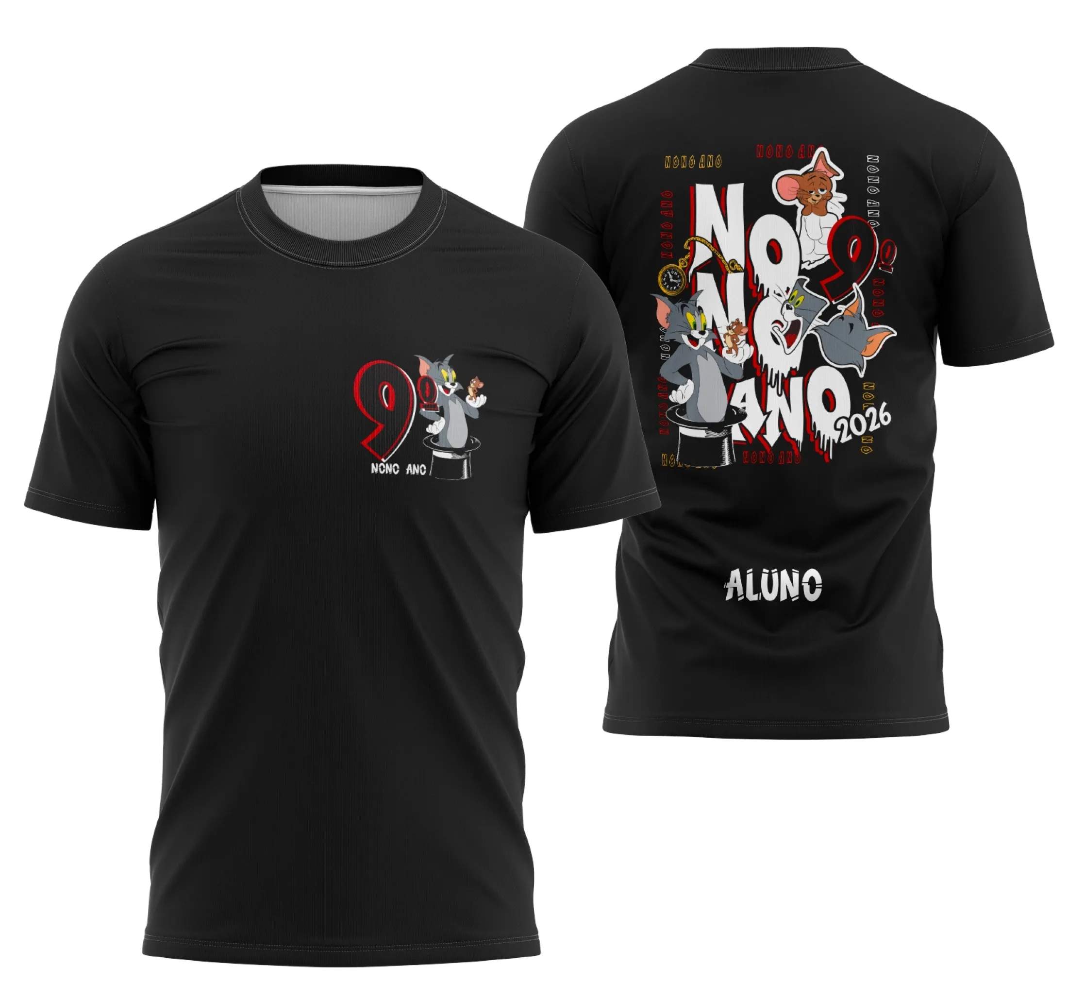 Camiseta unissex preta com logo no peito e estampa grande nas costas do tema Nono Ano Tom e Jerry, perfeita para fãs e estudantes, confortável e moderna.