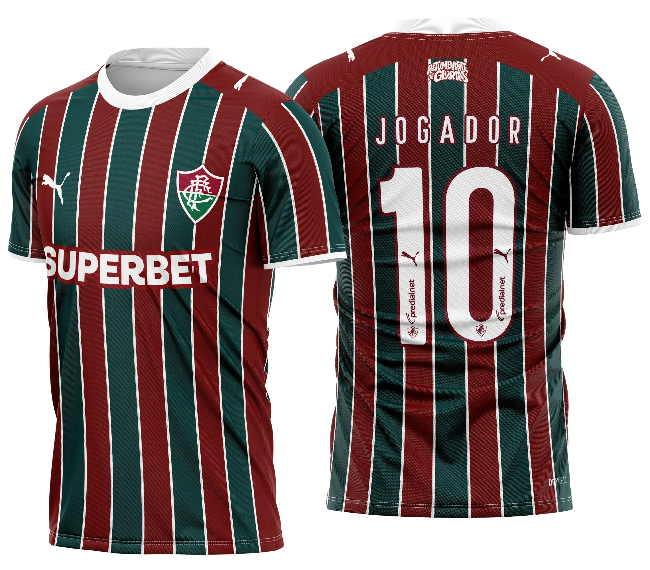 Camiseta unissex branca com logo no peito e estampa grande nas costas do Fluminense 2026 titular, perfeita para torcer com estilo e paixão, destaque vibrante nas cores do clube.
