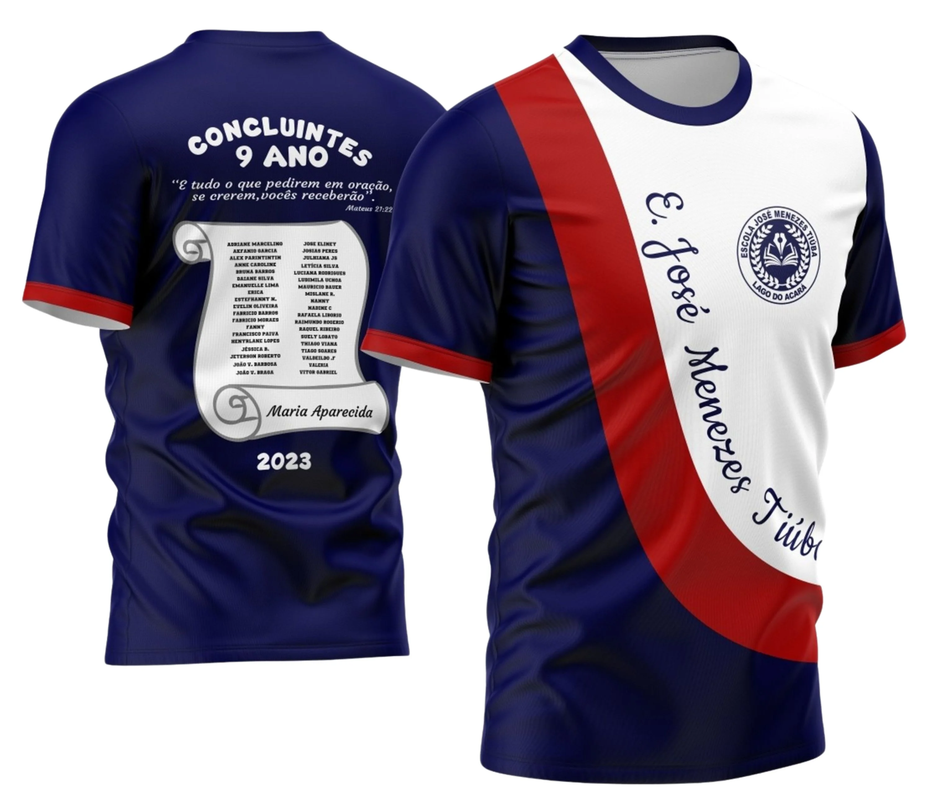 Camiseta unissex branca com logo no peito e estampa grande nas costas com tema de formando do nono ano em estilo pergaminho elegante e clássico.