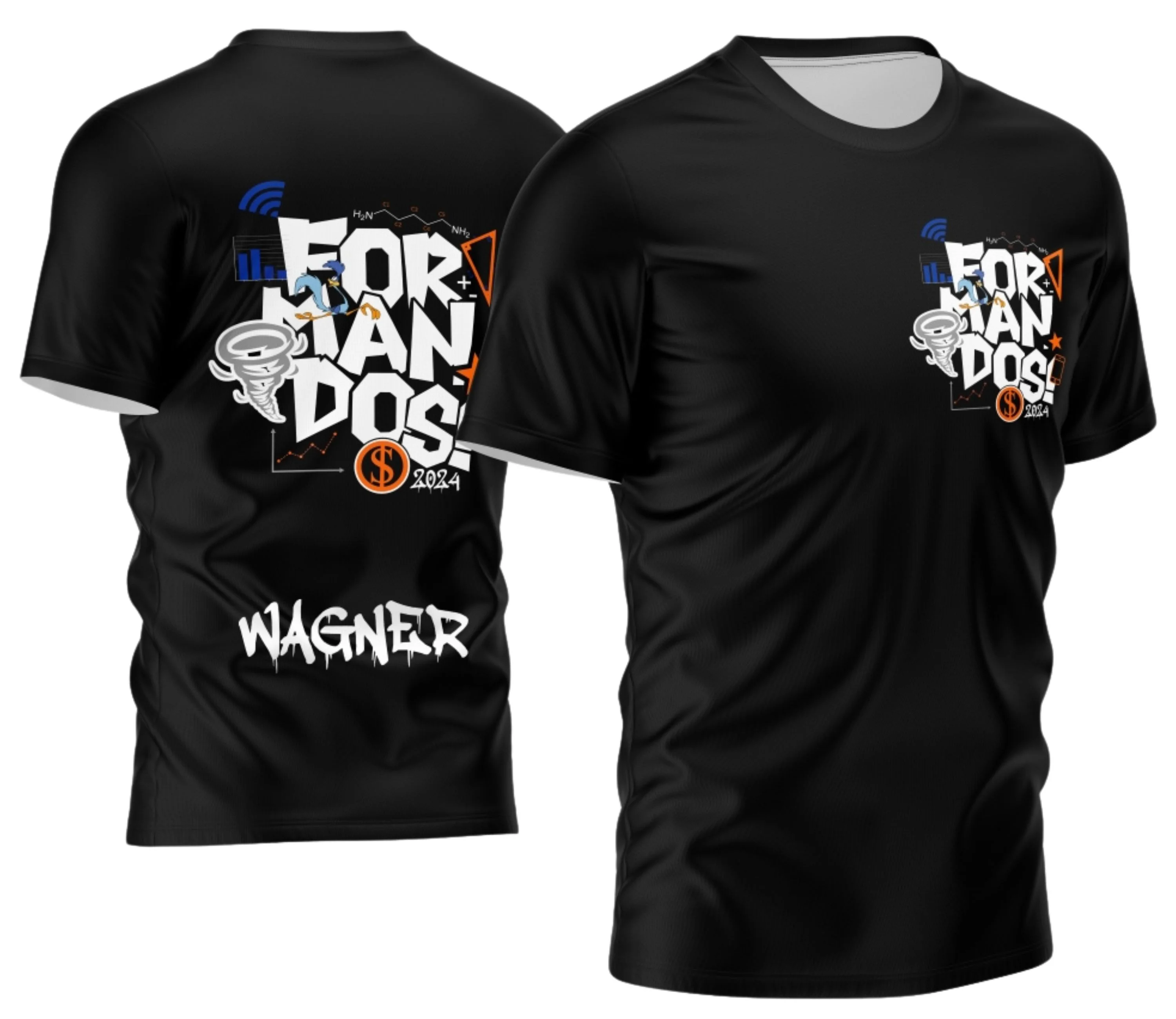 Camiseta unissex branca com logo no peito e estampa grande nas costas temática de Formandos 2026, ideal para celebração de formatura com design moderno e elegante.