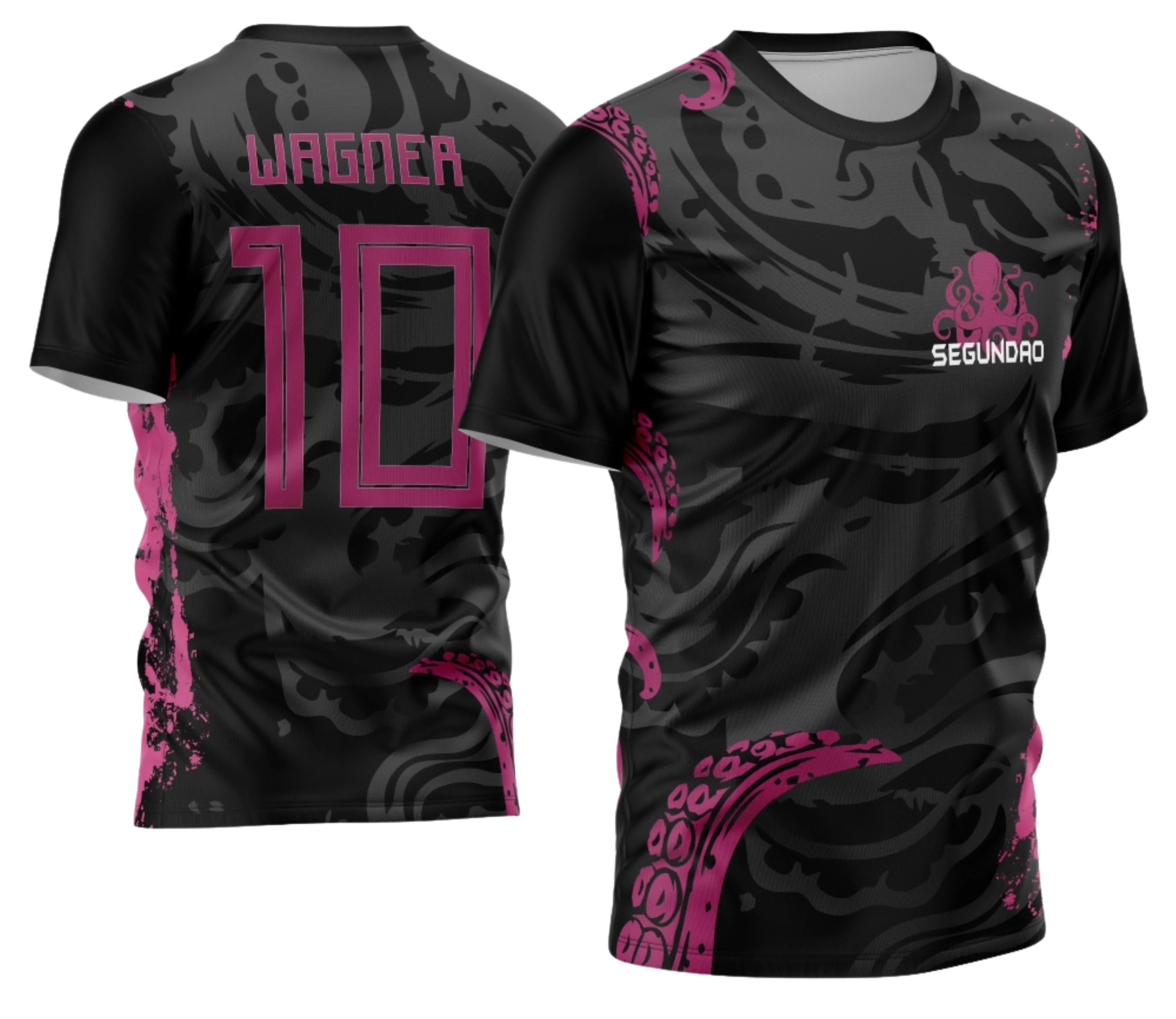 Camiseta unissex com cor preta, logo no peito e estampa grande nas costas mostrando um polvo estilizado comemorativo para formandos 2026.