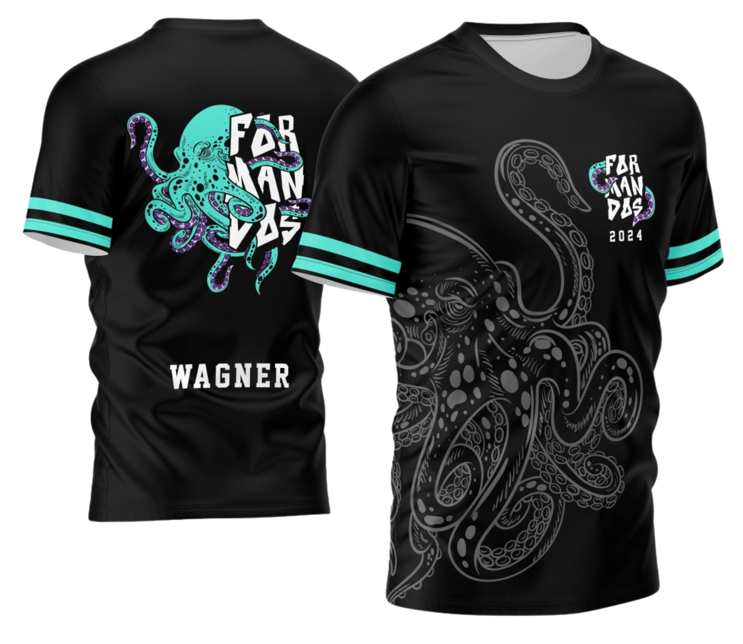 Foto de camiseta unissex branca com logo no peito e estampa grande nas costas de Formandos 2026 com desenho de polvo verde água, ideal para turma e eventos especiais.