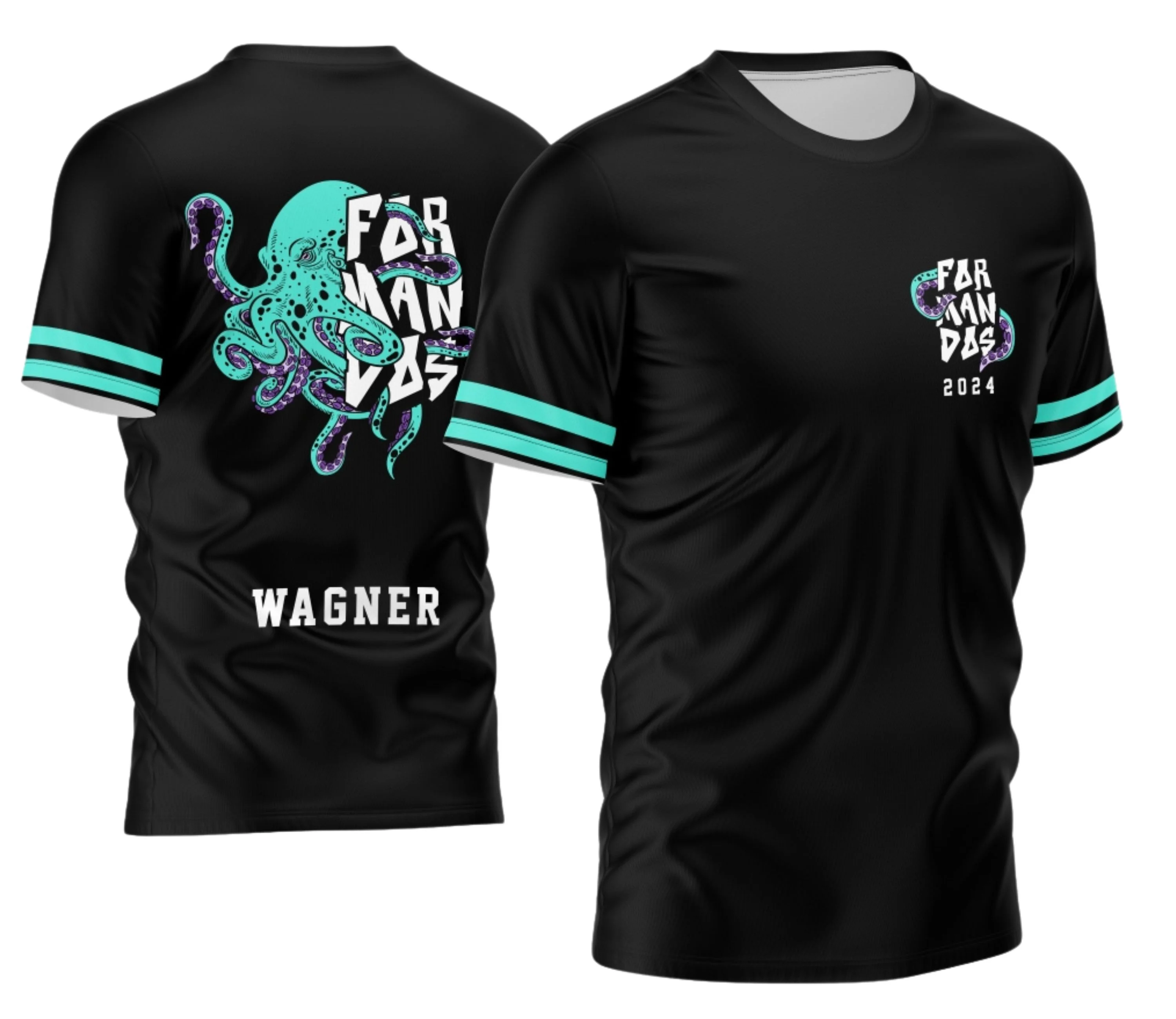 Camiseta unissex branca com logo no peito e estampa grande nas costas, destacando um polvo verde água no tema Formandos 2026, estilo moderno e visual vibrante.