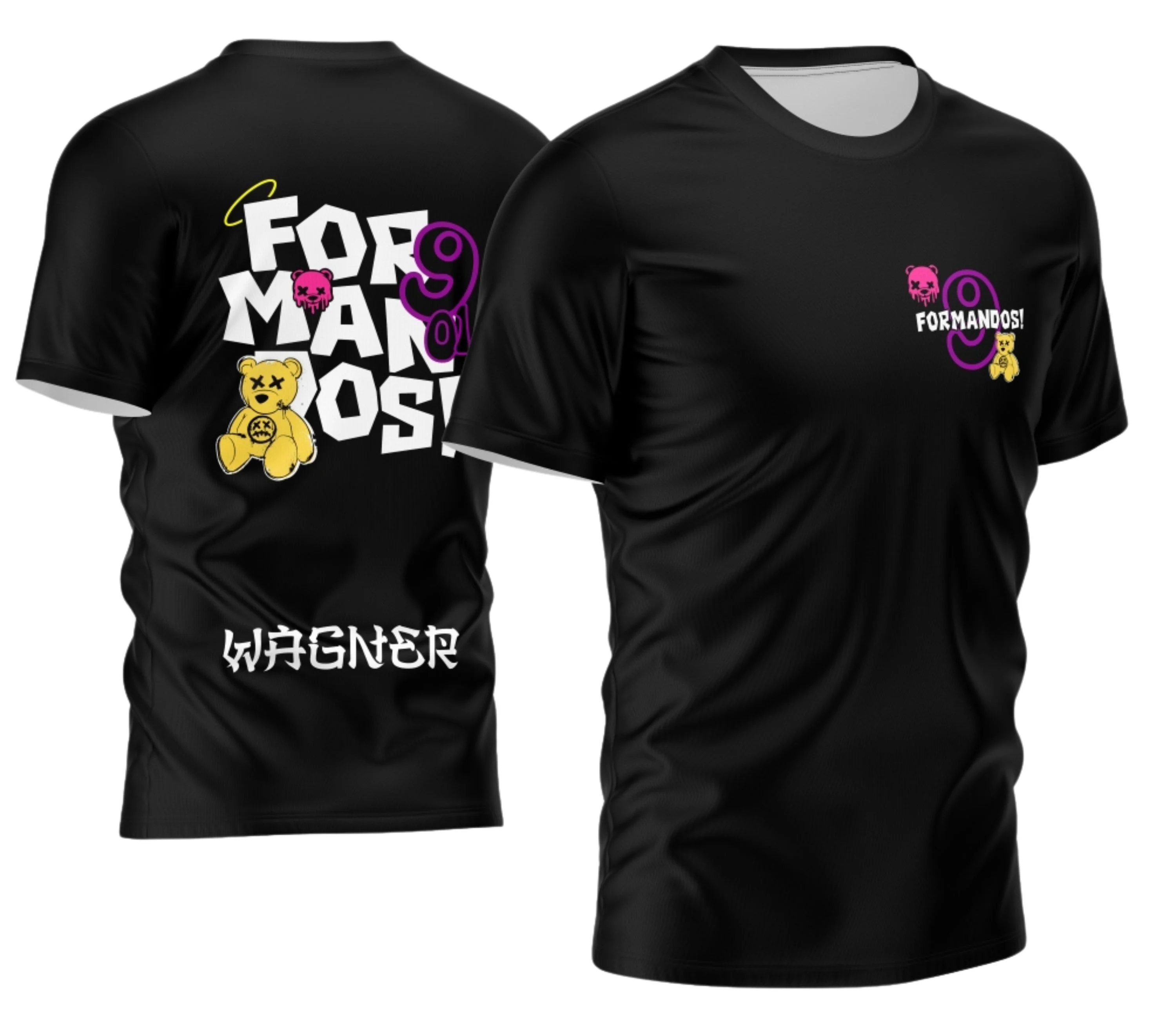 Camiseta unissex preta com logo no peito e estampa grande nas costas mostrando tema Formandos 2026 Urso, ideal para turma de formatura com design marcante e moderno.
