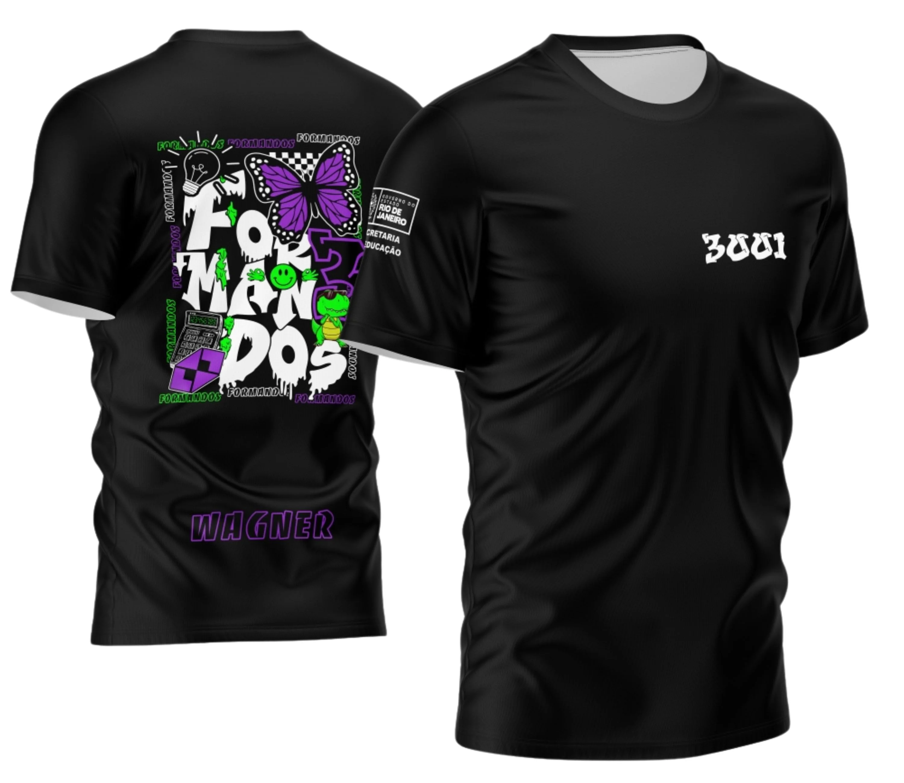 Camiseta unissex preta com logo no peito e estampa grande nas costas, tema Formandos Administração, ideal para comemorar a turma de administração com estilo moderno e elegante.