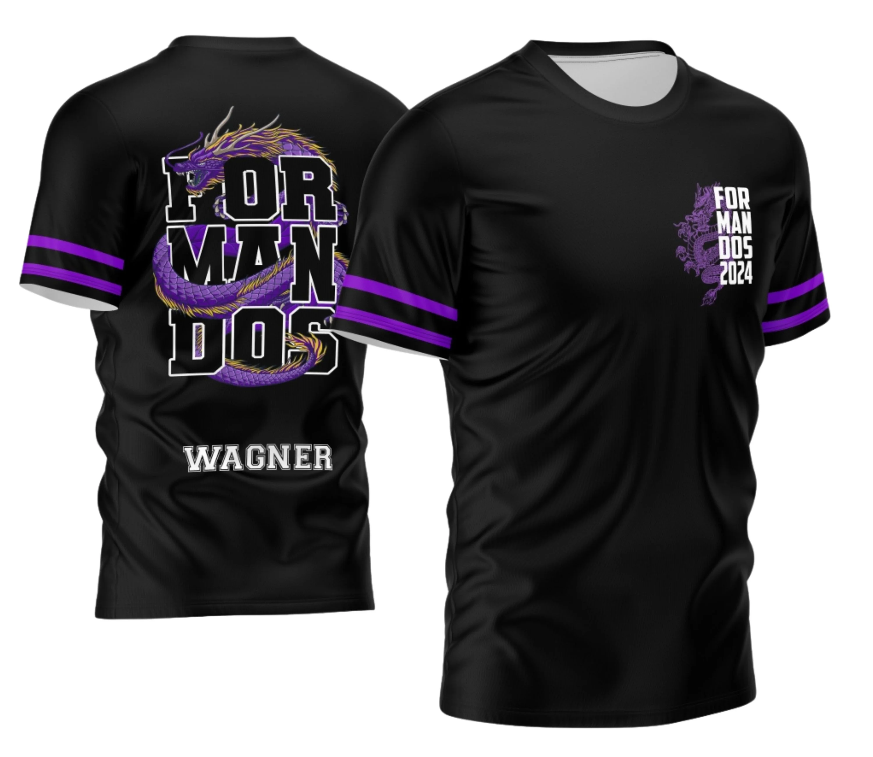 Camiseta unissex preta com logo no peito e estampa grande nas costas mostrando o tema Formandos Dragão Roxo 2026 em visual moderno e marcante.