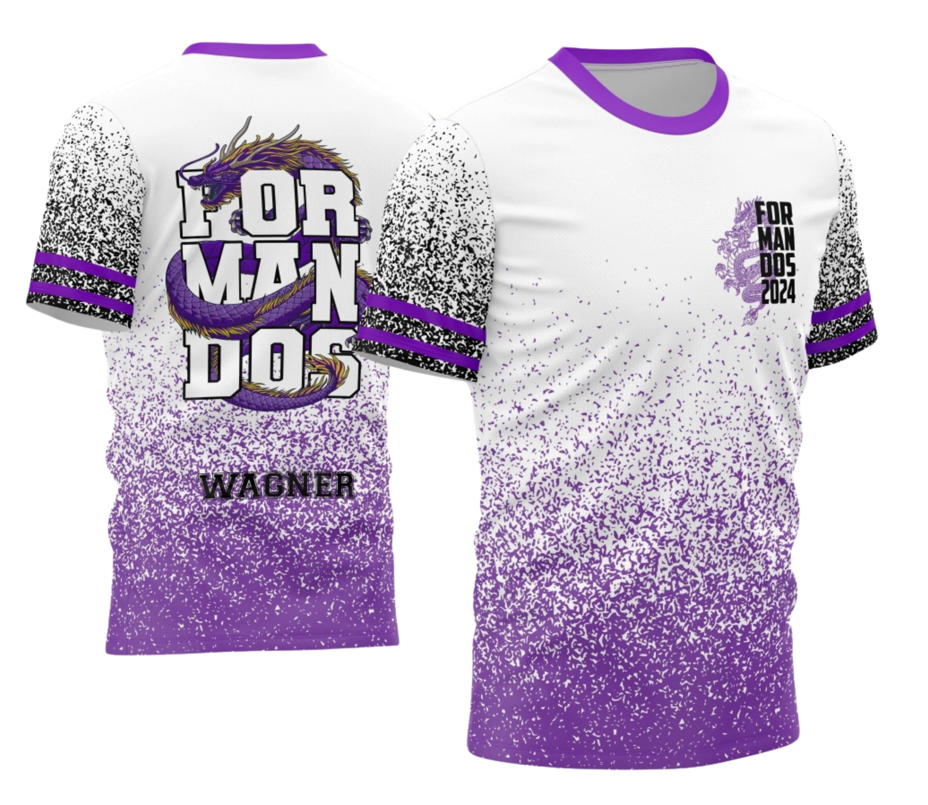 Camisa preta unissex com logo no peito e estampa grande nas costas, estilo Formandos Dragão Roxo 2026, visual moderno e impactante para ocasião especial.