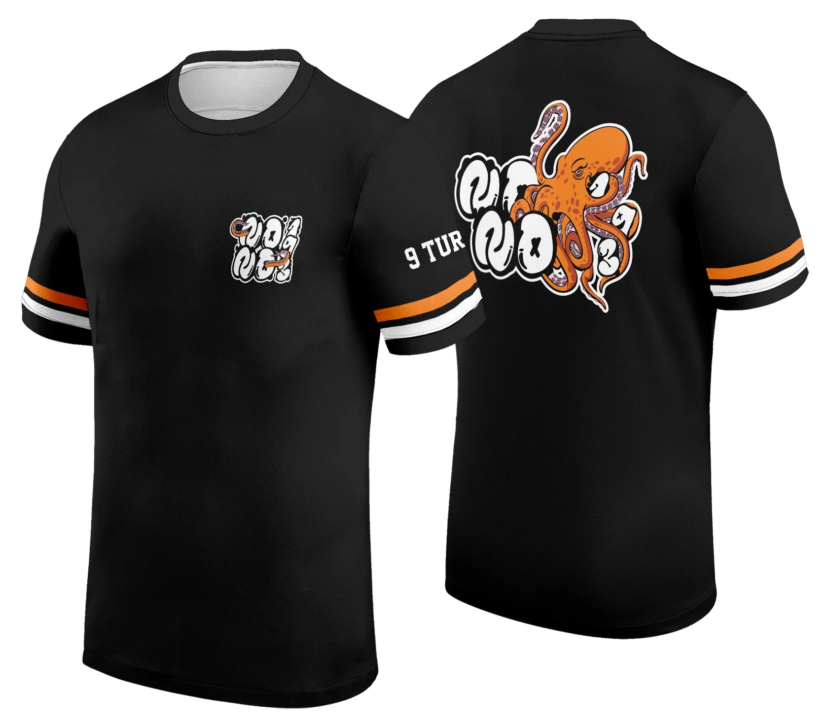 Camiseta unissex preta com logo no peito e estampa grande nas costas que retrata um polvo para formandos do nono ano 2026, ideal para momentos especiais e lembranças marcantes.