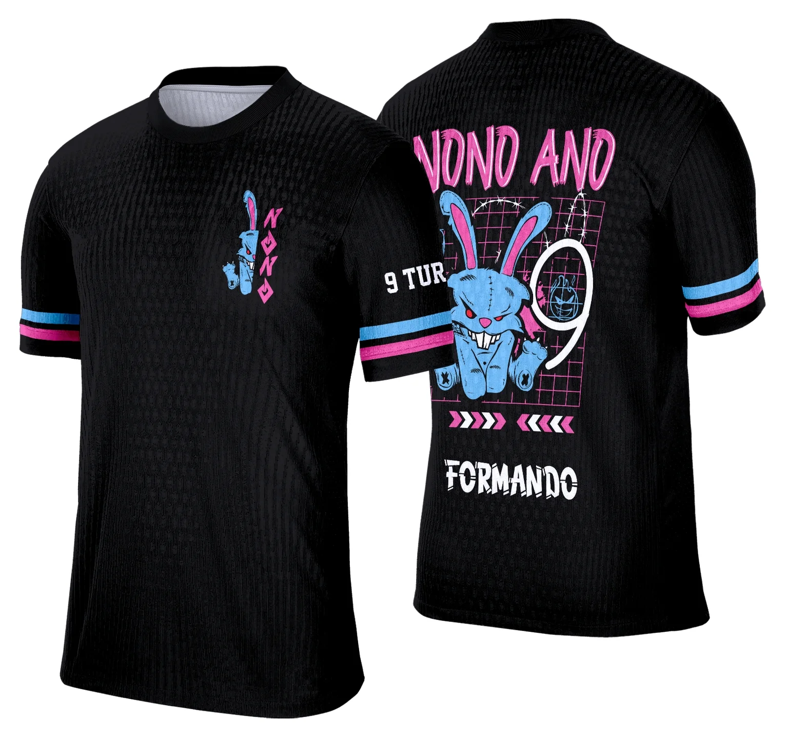 Camiseta unissex branca com logo no peito e estampa grande nas costas do tema Formandos Nono Ano 2026 Coelho Azul e Rosa, design vibrante e alegre ideal para estudantes celebrando a formatura.