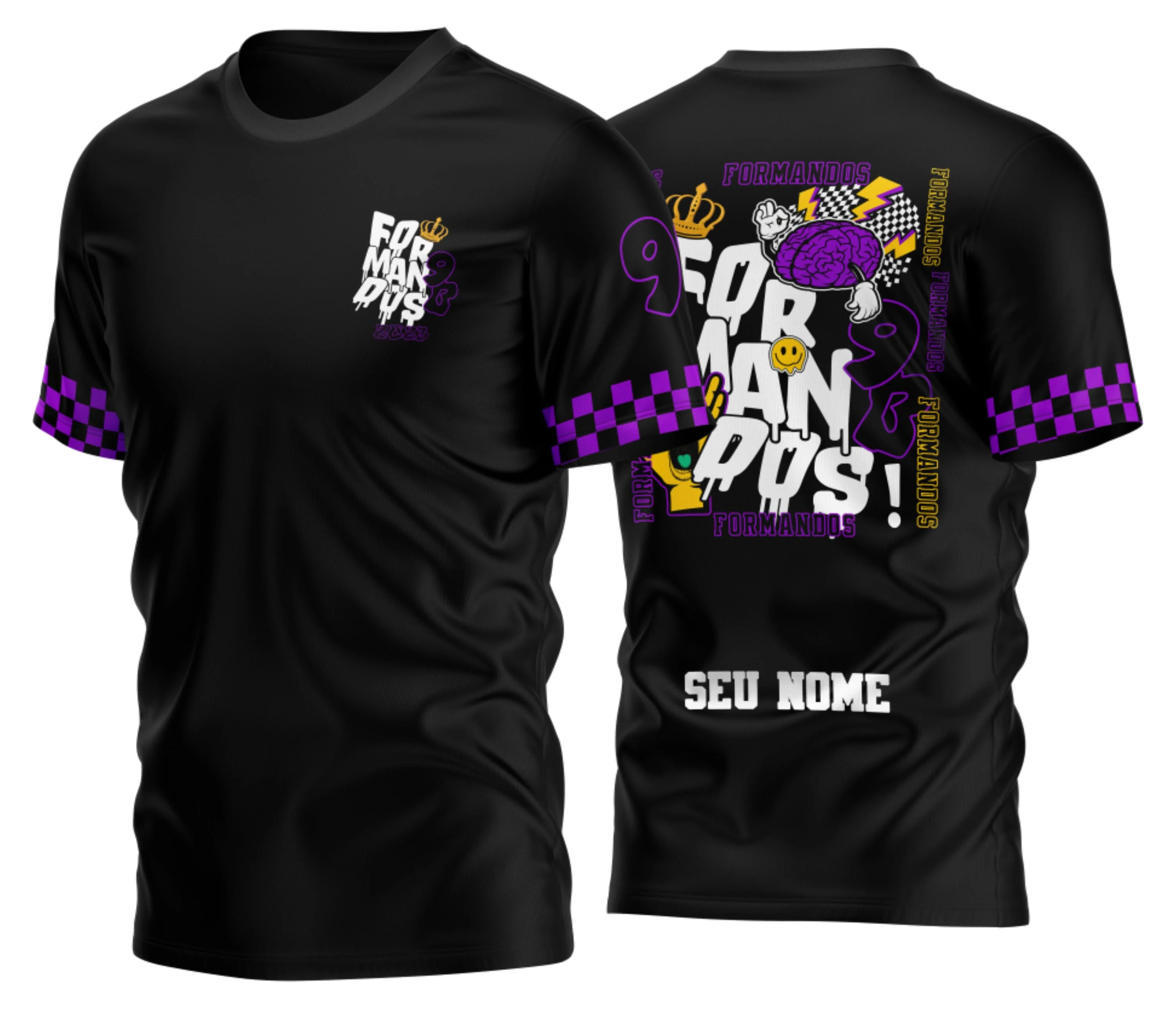 Camiseta unissex branca com logo no peito e estampa grande nas costas celebrando os Formandos Nono Ano 2026, ideal para comemorações e eventos escolares.