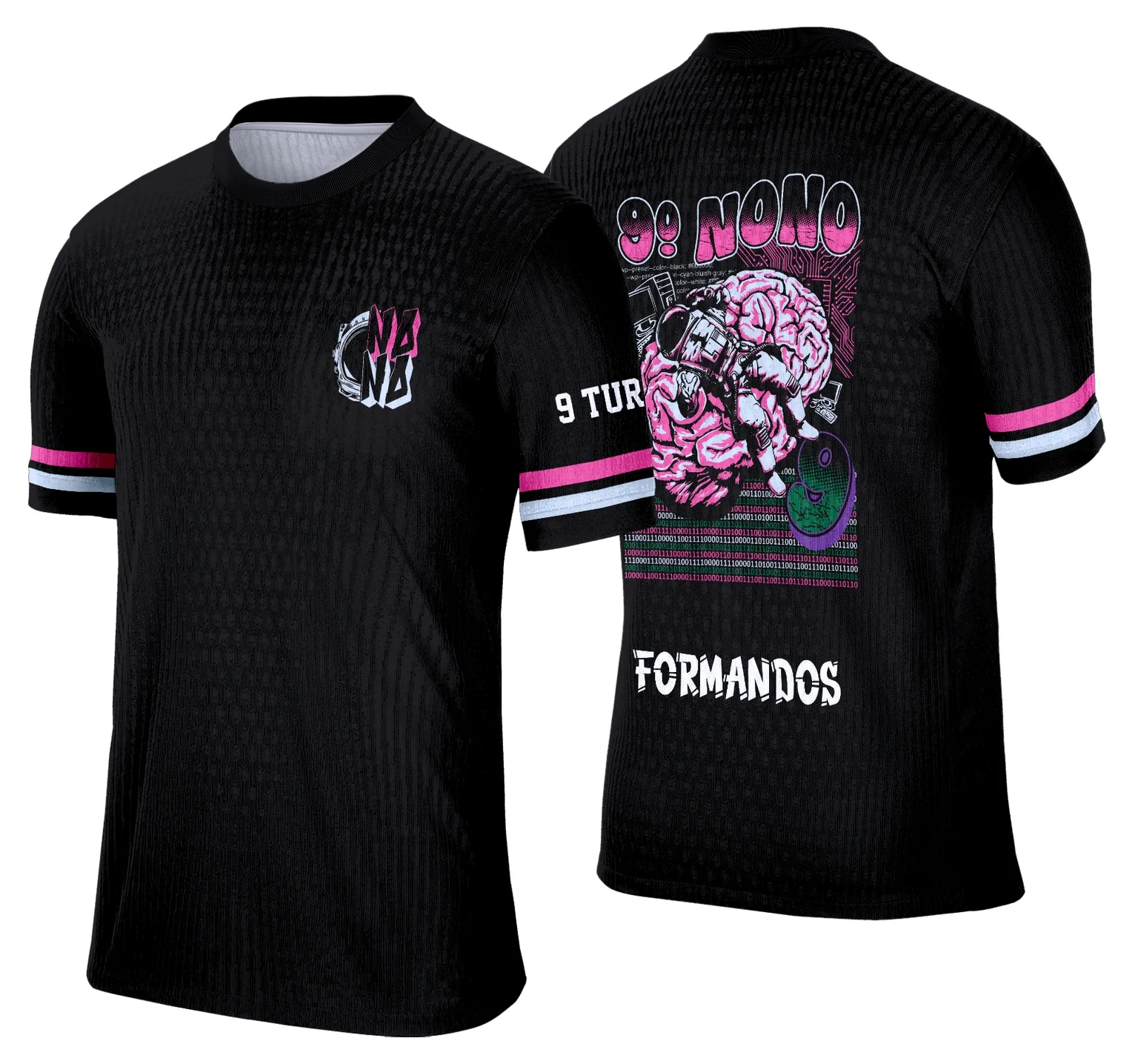 Camiseta unissex preta com logo no peito e estampa grande nas costas do tema Astronauta e Cérebro, ideal para formandos do nono ano 2026, com design moderno e impactante.