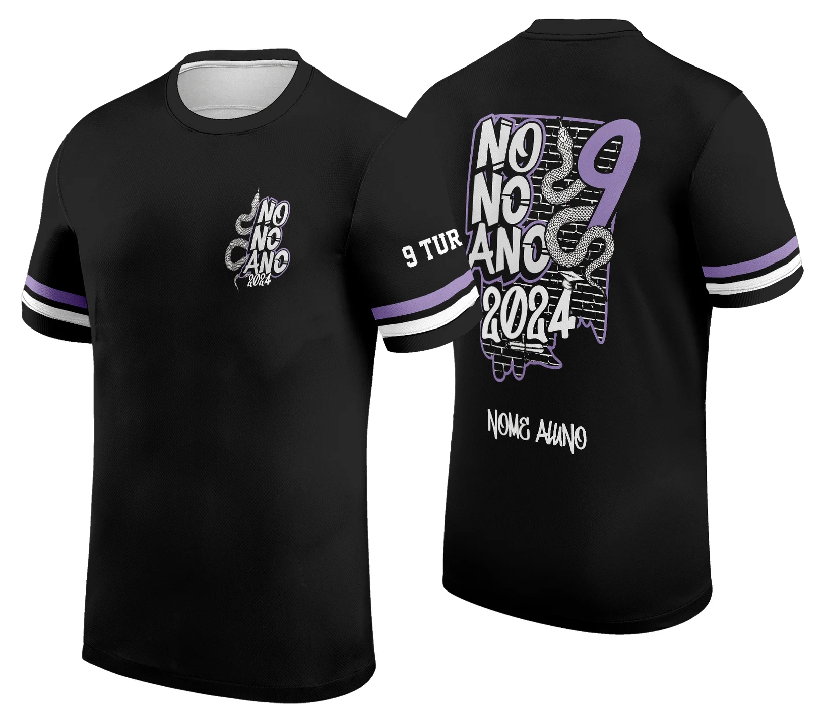 Camiseta unissex preta com logo no peito e estampa grande nas costas mostrando Cobra no Muro, design marcante para formandos do Nono Ano 2026.