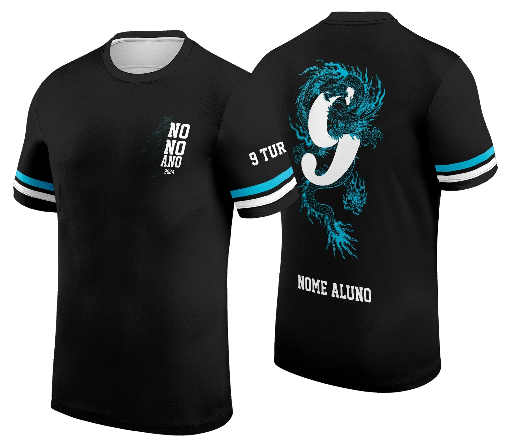 Camiseta unissex preta com logo no peito e estampa grande nas costas temática formandos nono ano 2026 dragão, ideal para usar em eventos escolares e celebrações.
