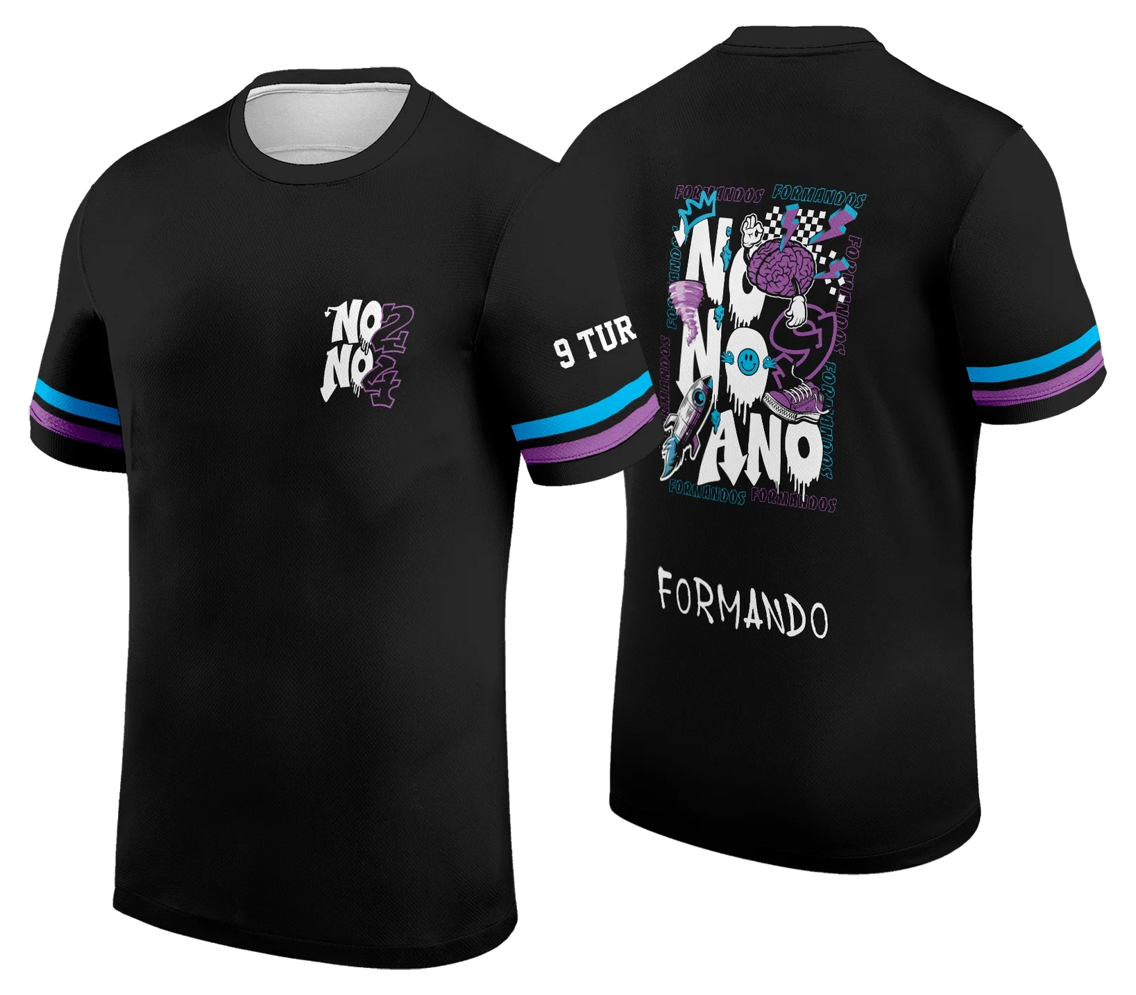 Camisa preta unissex com logo no peito e estampa grande nas costas com tema Formandos Nono Ano 2026 Graffit Foguete, mostrando design moderno e vibrante.
