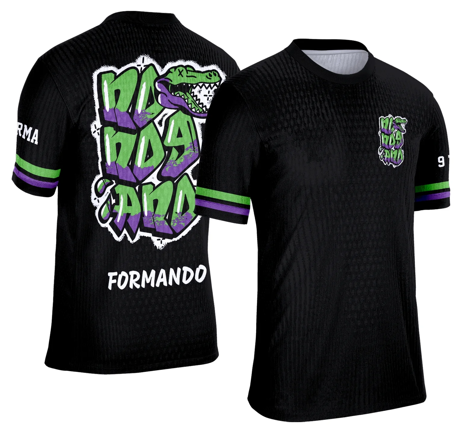 Camiseta unissex preta com logo no peito e estampa grande nas costas de jacaré verde, tema Formandos Nono Ano 2026, perfeita para os estudantes comemorarem com estilo e personalidade.