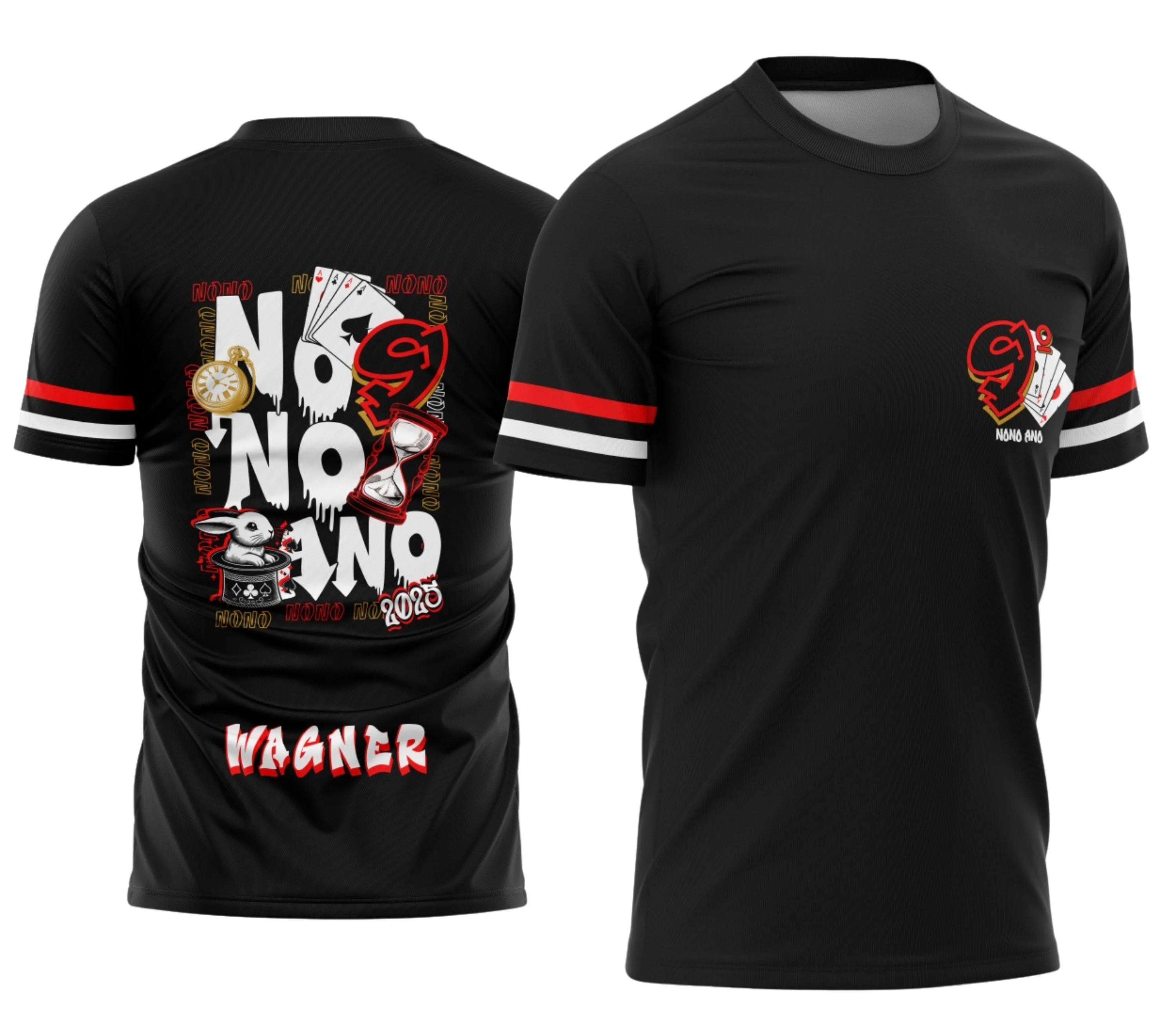 Camiseta unissex branca com logo no peito e estampa grande nas costas, tema Formandos Nono Ano Coelho e Cartas, design moderno para comemoração escolar.