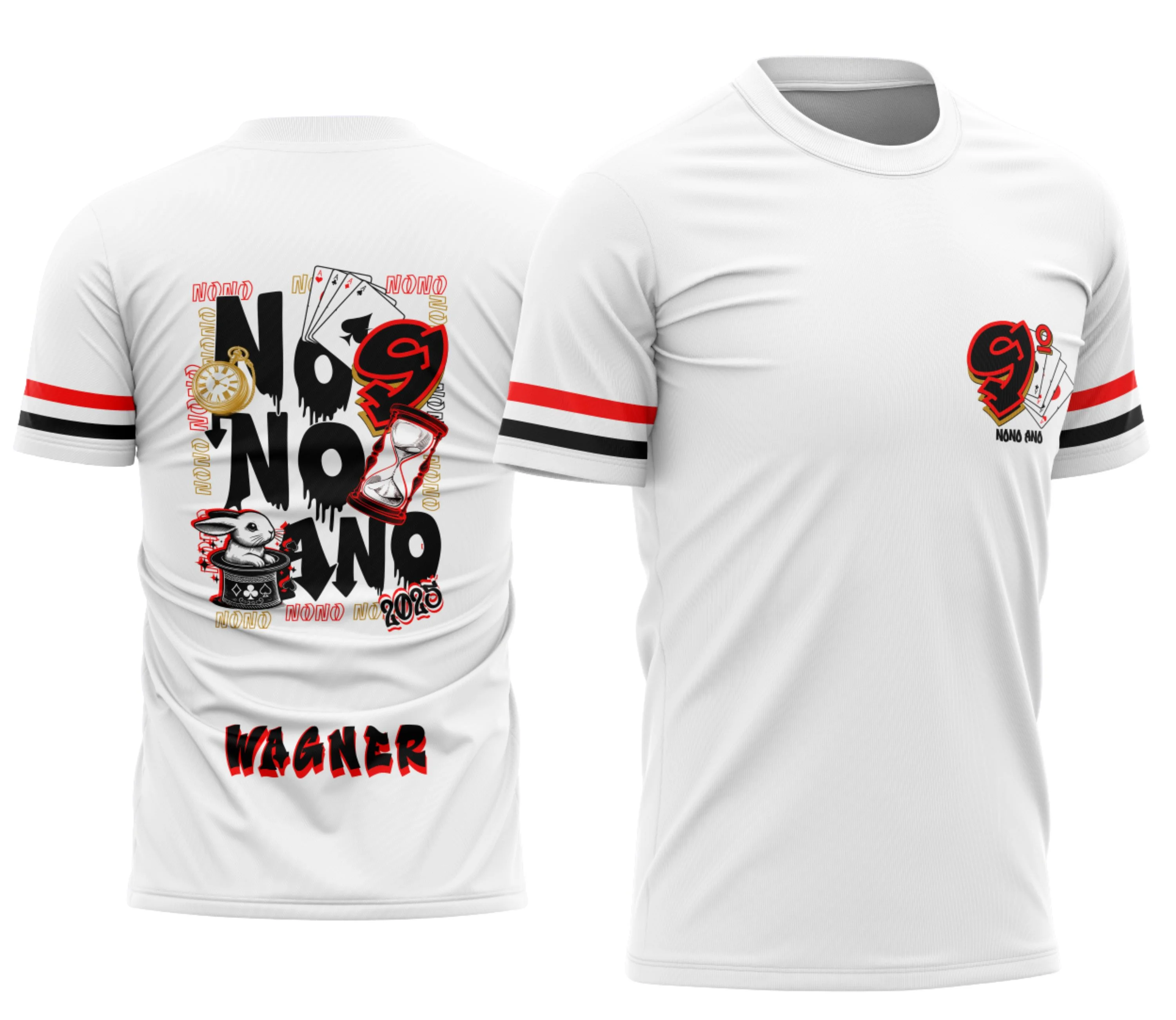 Camiseta unissex branca com logo no peito e estampa grande nas costas tema Formandos Nono Ano com Coelho e Cartas.