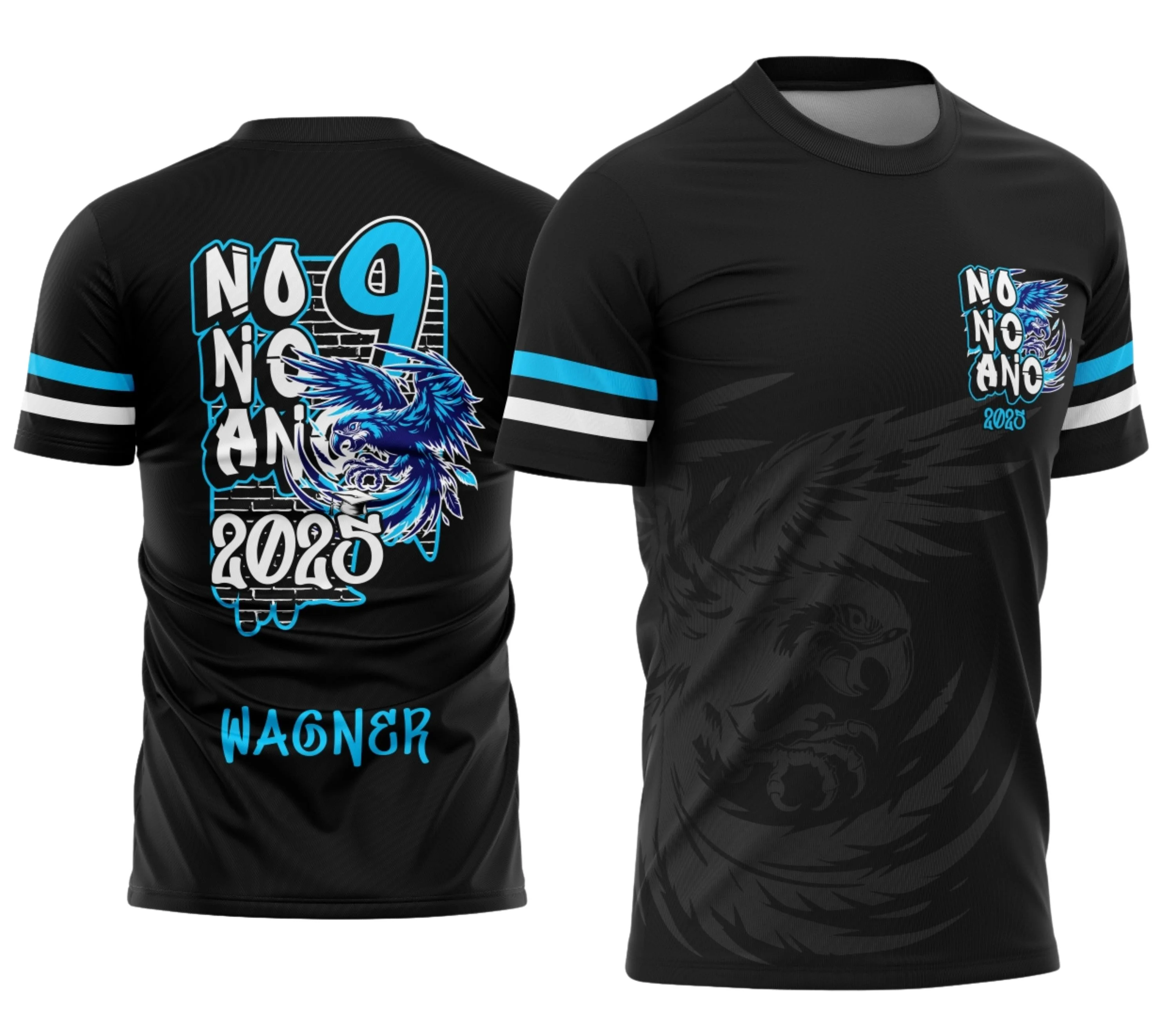 Camiseta unissex preta com logo no peito e estampa grande nas costas de formandos do nono ano em grafite com arara azul vibrante, ideal para celebrações escolares.