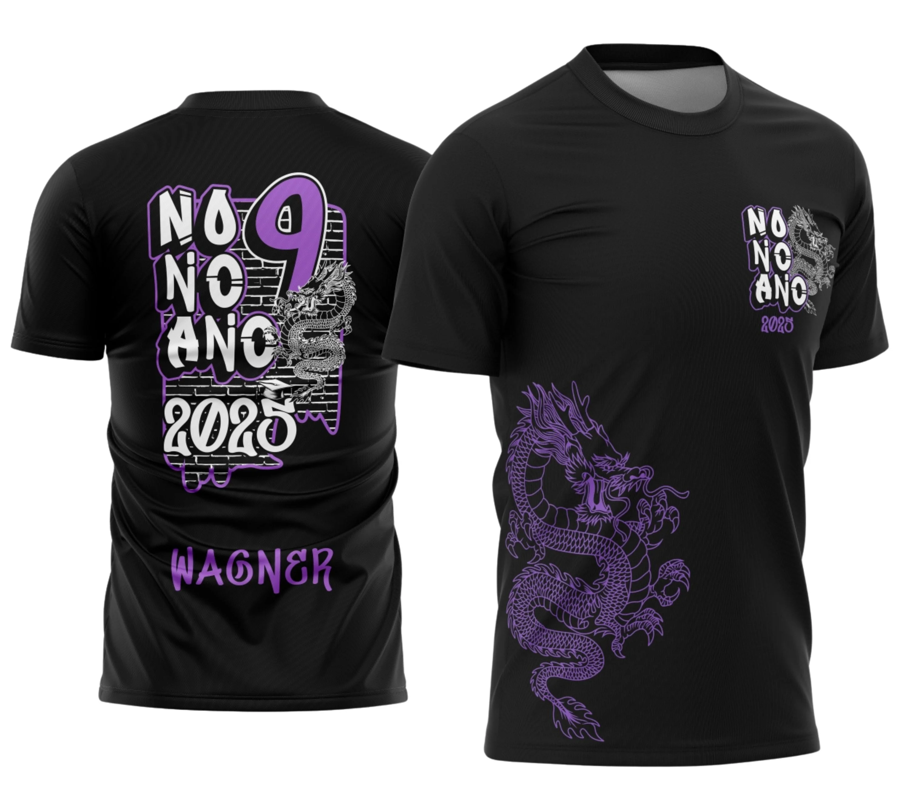 Camiseta unissex preta com logo no peito e estampa grande nas costas, tema Formandos Nono Ano Graffite Dragão, ideal para alunos celebrando a formatura com estilo marcante.