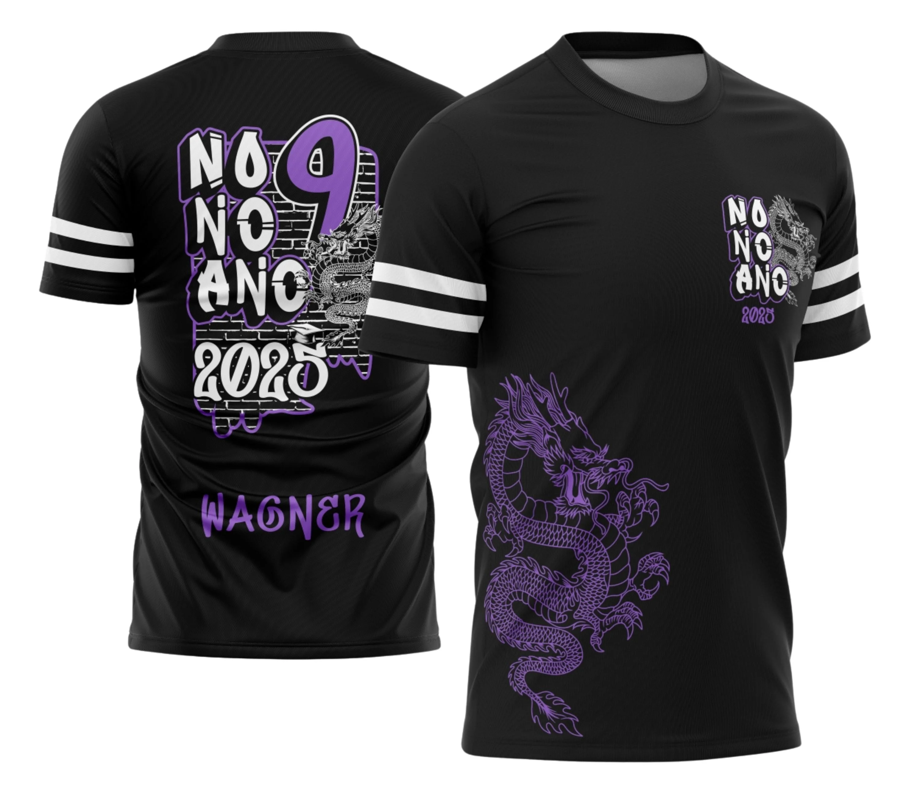 Camiseta preta unissex com logo no peito e estampa grande nas costas do tema Formandos Nono Ano Graffite Dragão, estilo moderno e impactante para festas de formatura.