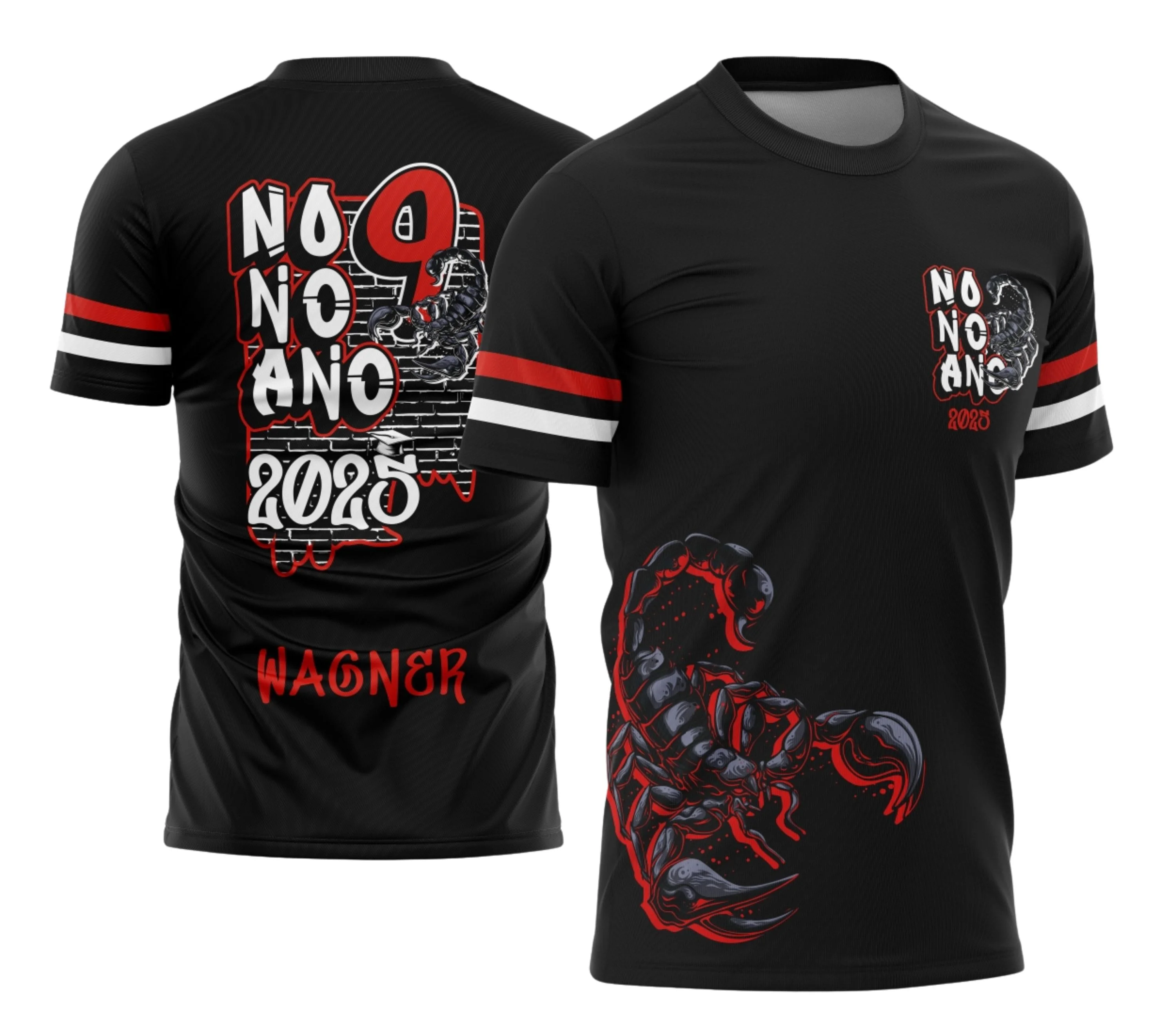 Foto de camiseta preta unissex com logo no peito e estampa grande nas costas mostrando tema de formandos do nono ano com grafite e escorpião, estilo moderno e jovem.