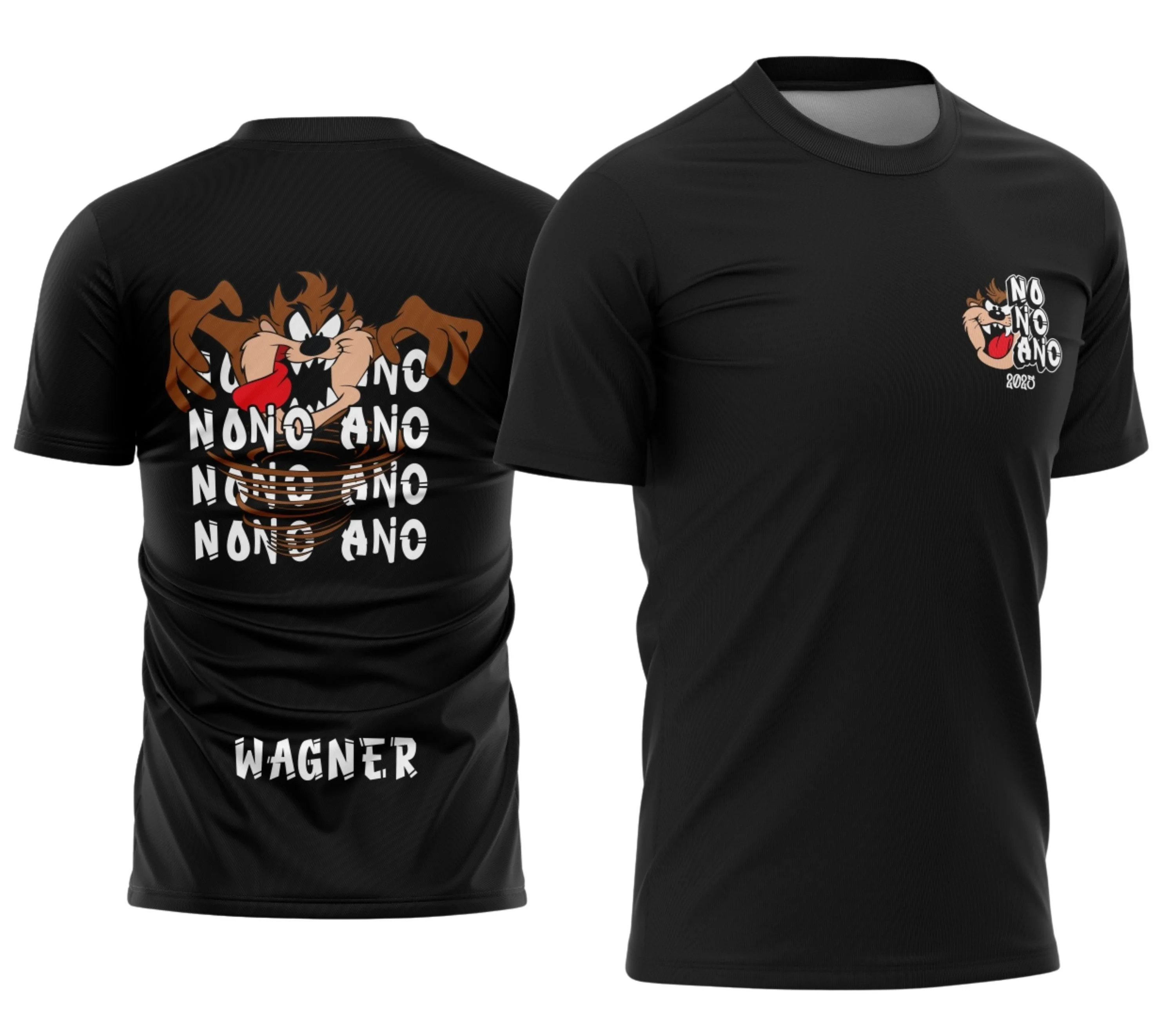 Camiseta unissex preta com logo no peito e estampa grande nas costas baseada em Formandos Nono Ano Graffite Taz Mania, ideal para comemorar a formatura com estilo moderno e divertido.