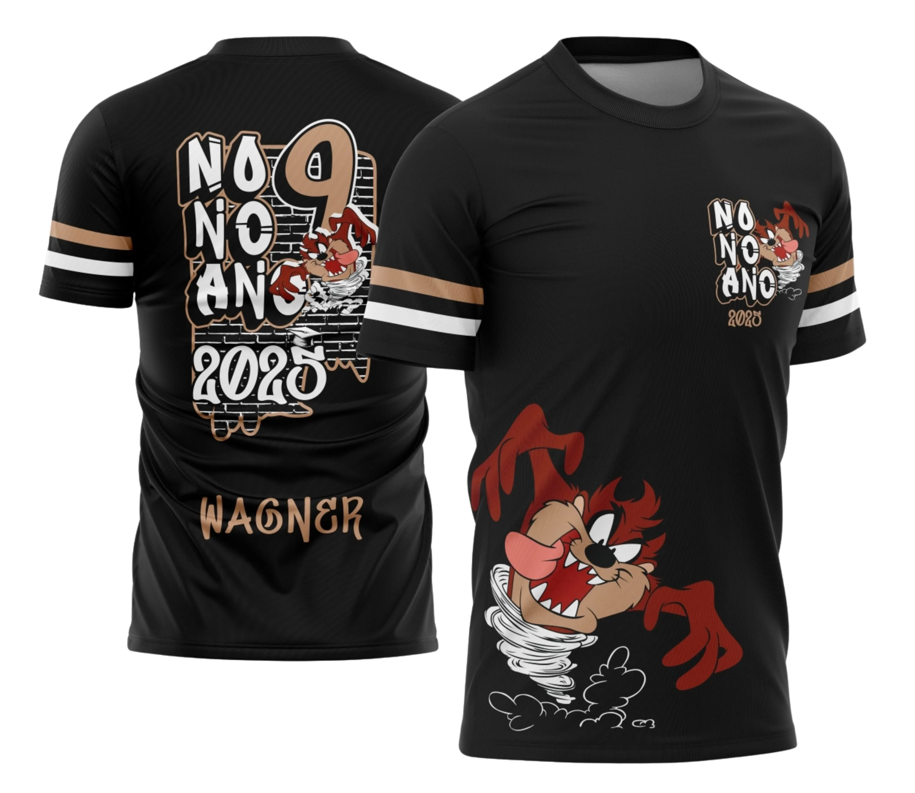 Camiseta unissex preta com logo no peito e estampa grande nas costas com tema de Formandos Nono Ano Graffite Taz Mania, perfeita para celebrar essa conquista escolar.