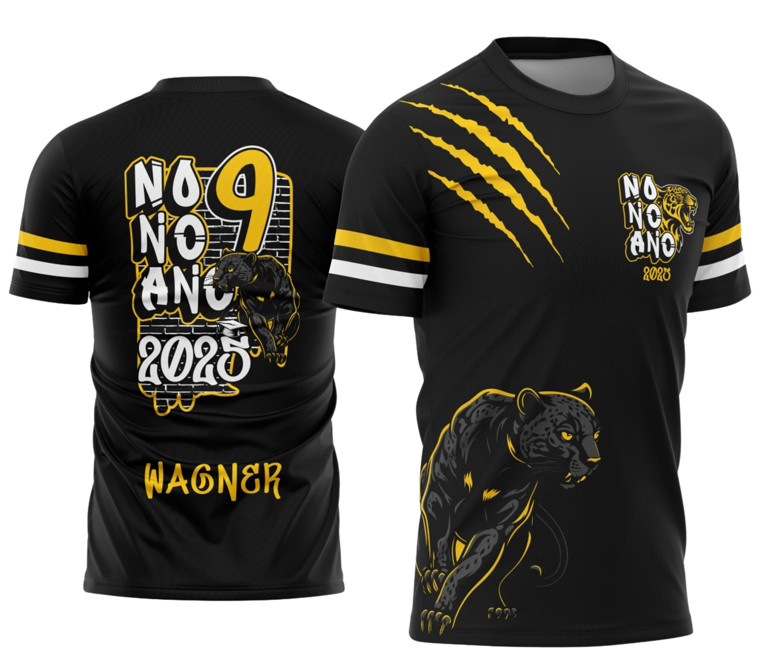 Camiseta preta unissex com logo no peito e estampa grande nas costas temática de Formandos Nono Ano Pantera Negra, estilo moderno e marcante ideal para estudantes finalistas.